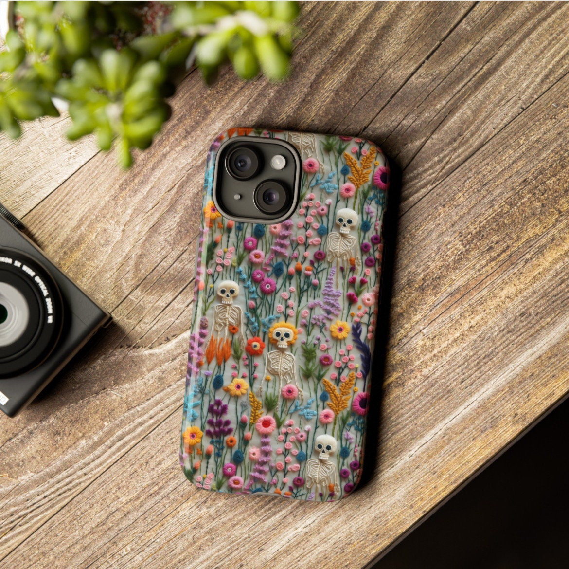 Vintage Skeletons in Bloom Phone Case | Embroidered Look Floral Charm Phone Cover | Halloween Cottagecore | iPhone | Pixel | Samsung