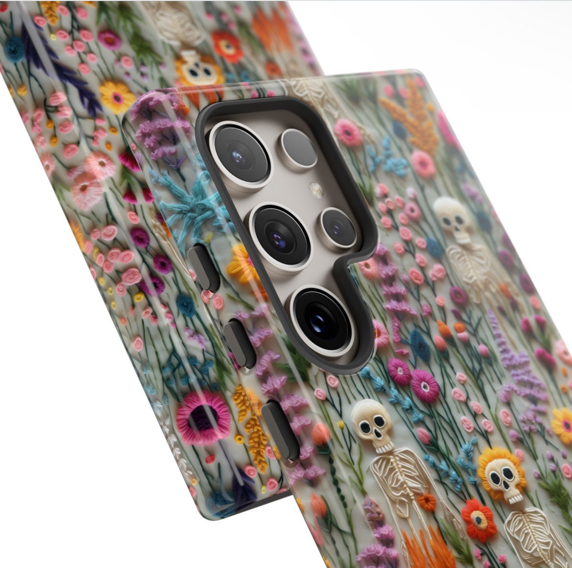 Vintage Skeletons in Bloom Phone Case | Embroidered Look Floral Charm Phone Cover | Halloween Cottagecore | iPhone | Pixel | Samsung