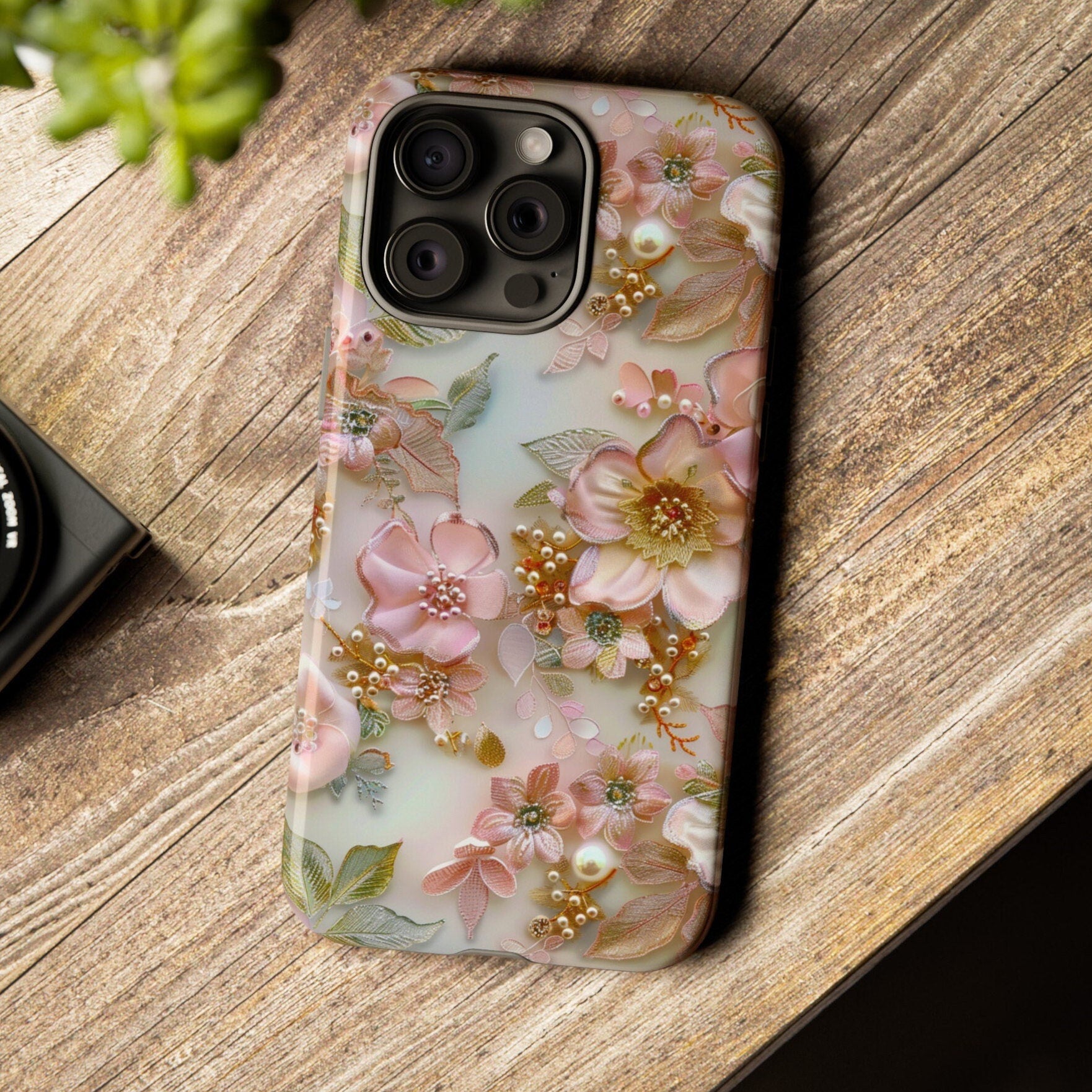 Pink Coquette Floral Lace Collage Phone Case, Faux Embroidered Flowers Pearls Phone Case, iPhone 15 Pro Max, Pixel 8 Pro, Samsung S24 Ultra