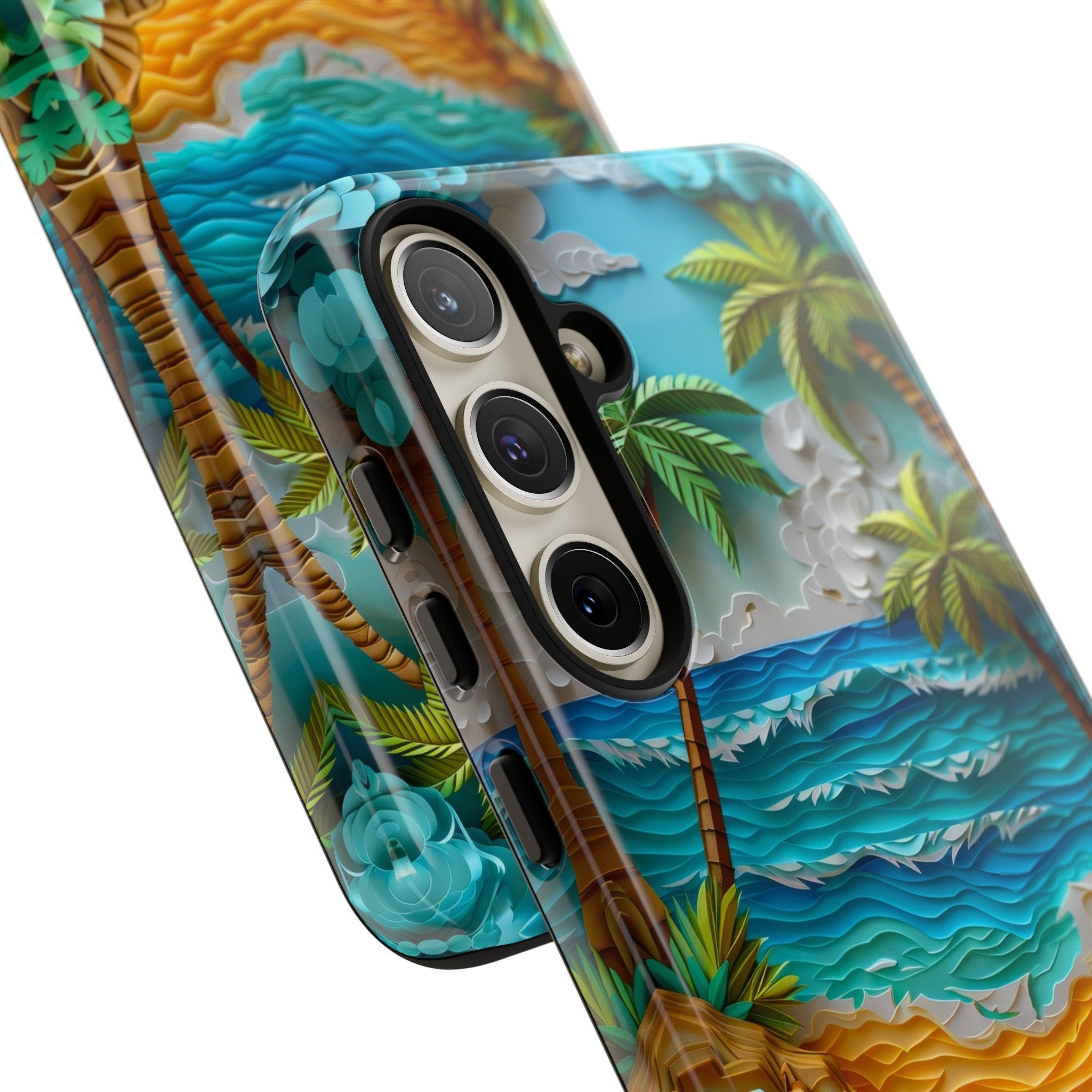 Paper Quilling Sunset Beach Phone Case, Faux Paper Hawaiian Shoreline Wave Design, iPhone 15 14 13 Pro Max, Pixel 8 7, Samsung S24 S23 Ultra
