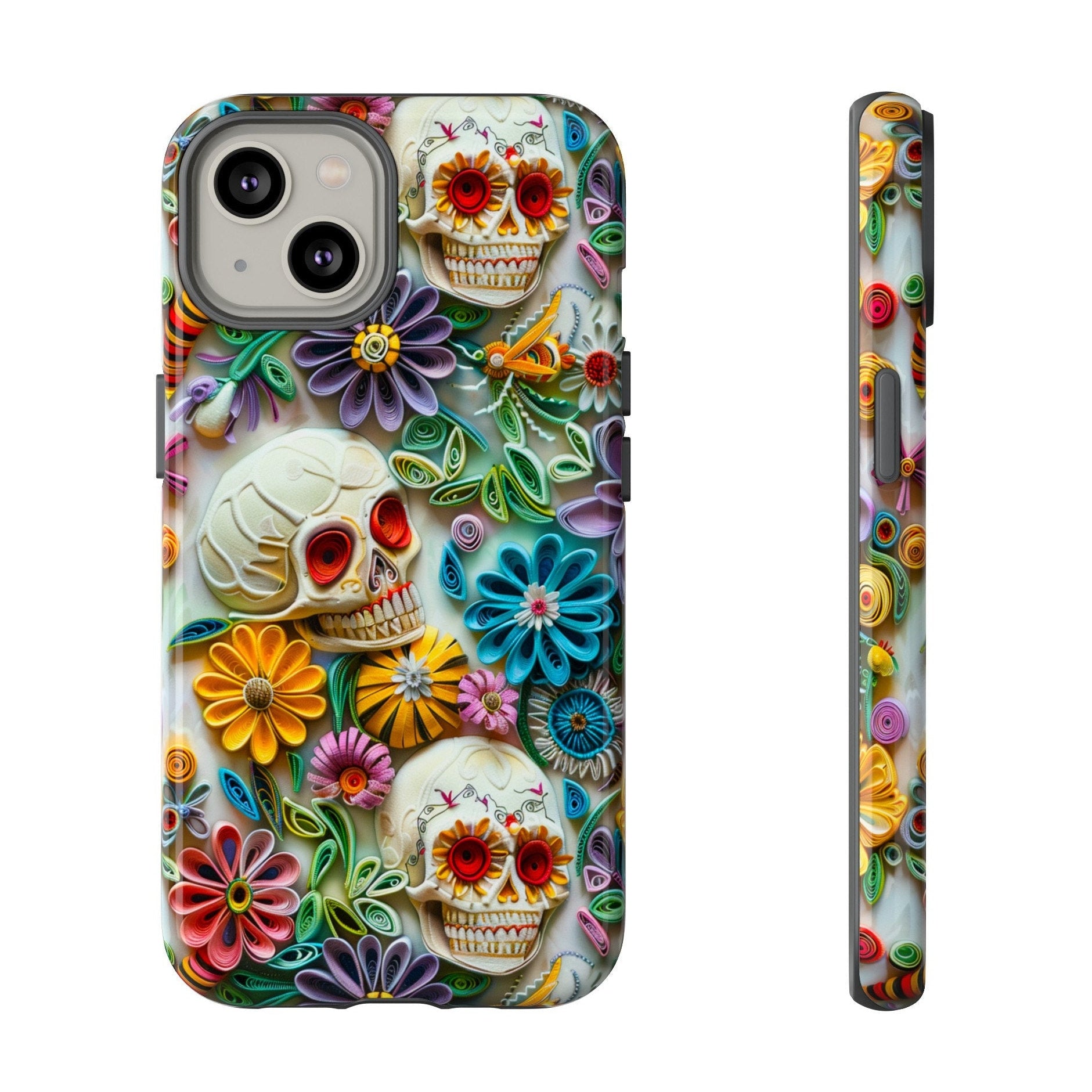 Paper Quilling Floral Skull Phone Case, 3D Faux Paper Gothic Art Design, iPhone 15 14 13 Pro Max Mini, Pixel 8 7, Samsung S24 S23 Plus Ultra