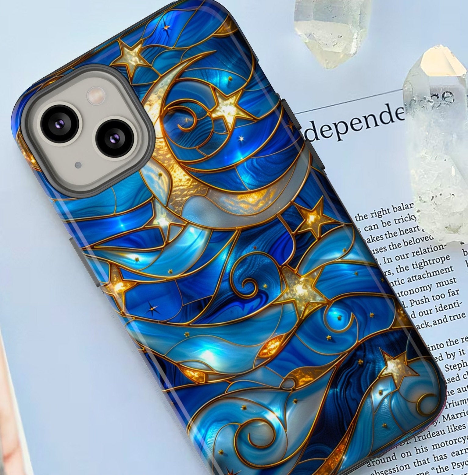 Stained Glass Celestial Moon Phone Case | Stained Glass Effect Stars And Moon Phone Cover iPhone 15 14 13 | Pixel 8 7 | Samsung S24 S23 S22