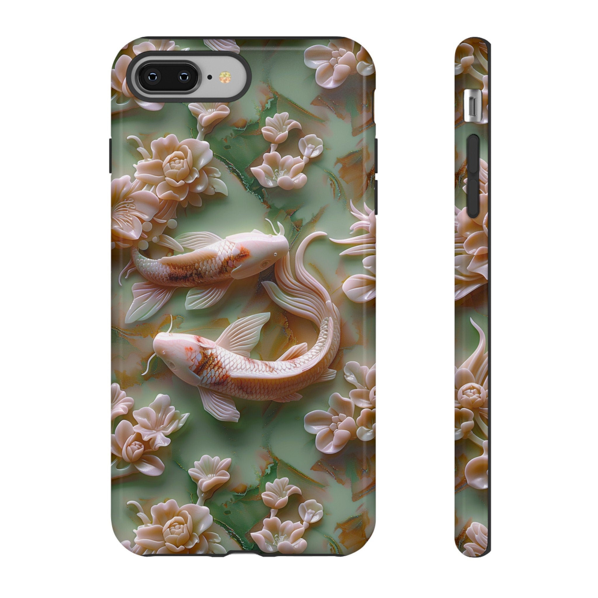 3d Asian Jade Carving Koi Phone Case | Pink Marble Fish Landscape | iPhone 15 14 Pro Max | Google Pixel 8 7 Pro | Samsung Galaxy S24 S22 Ultra