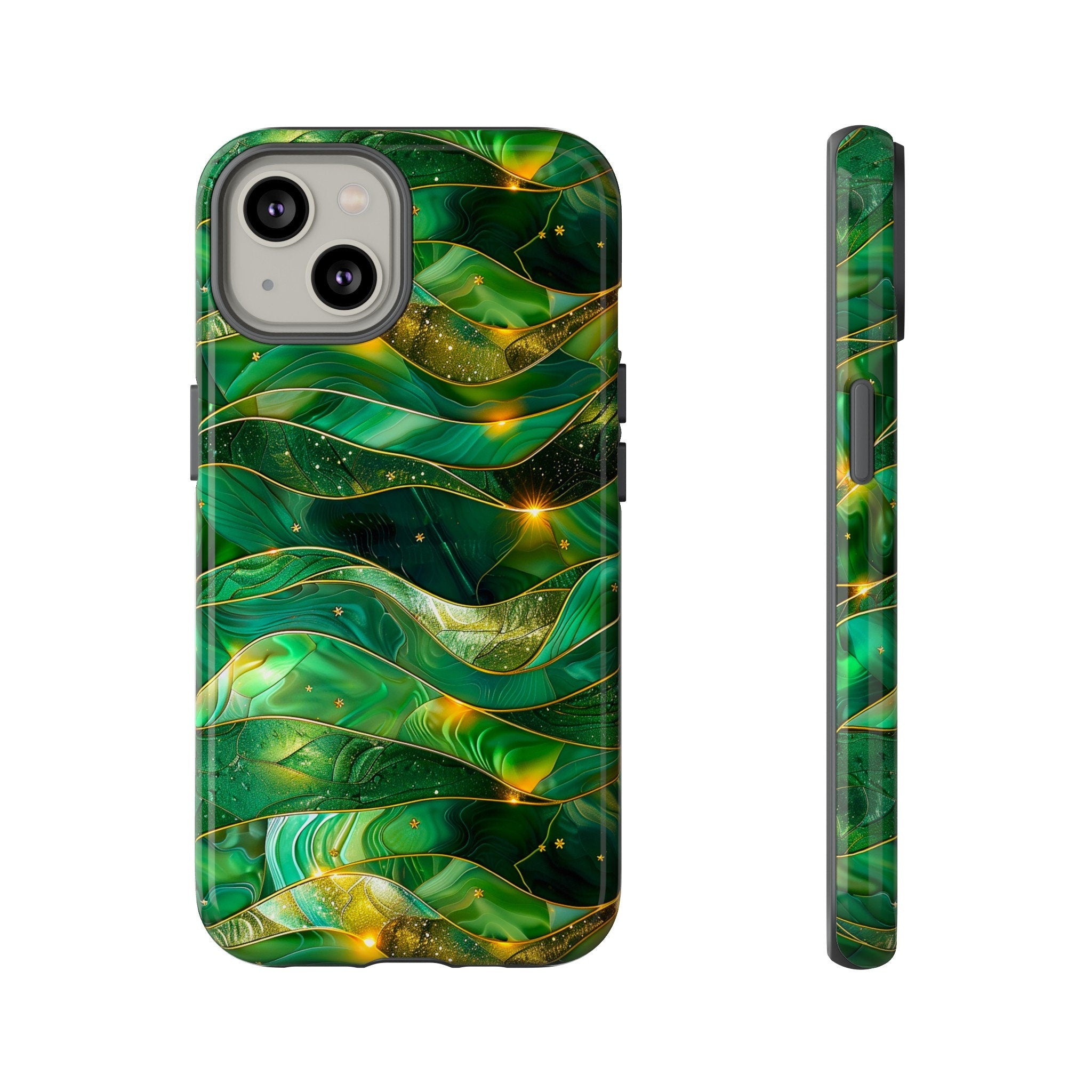 Green Stained Glass Celestial Phone Case | Emerald Gold Faux Stain Glass Stars Phone Cover | iPhone Pro Max | Pixel Pro | Samsung Ultra Plus