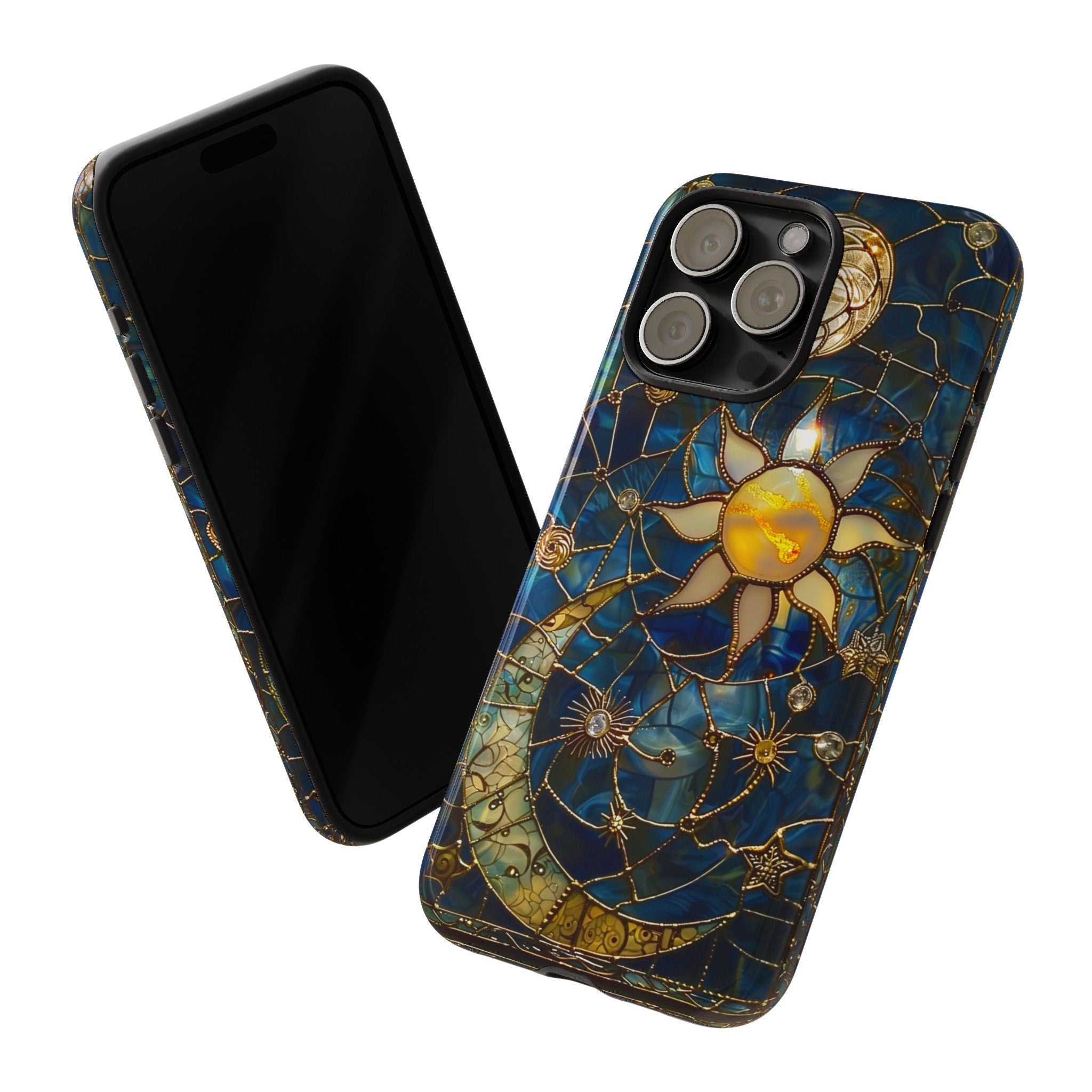 Celestial Stained Glass Moon and Stars Phone Case | Faux Stain Glass Starry Night Sky Design Phone Cover | iPhone 15 | Pixel 8 | Samsung S24