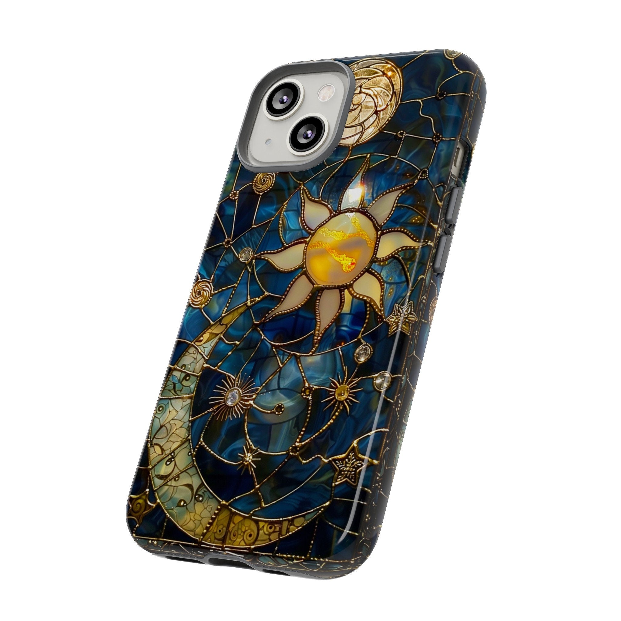 Celestial Stained Glass Moon and Stars Phone Case | Faux Stain Glass Starry Night Sky Design Phone Cover | iPhone 15 | Pixel 8 | Samsung S24