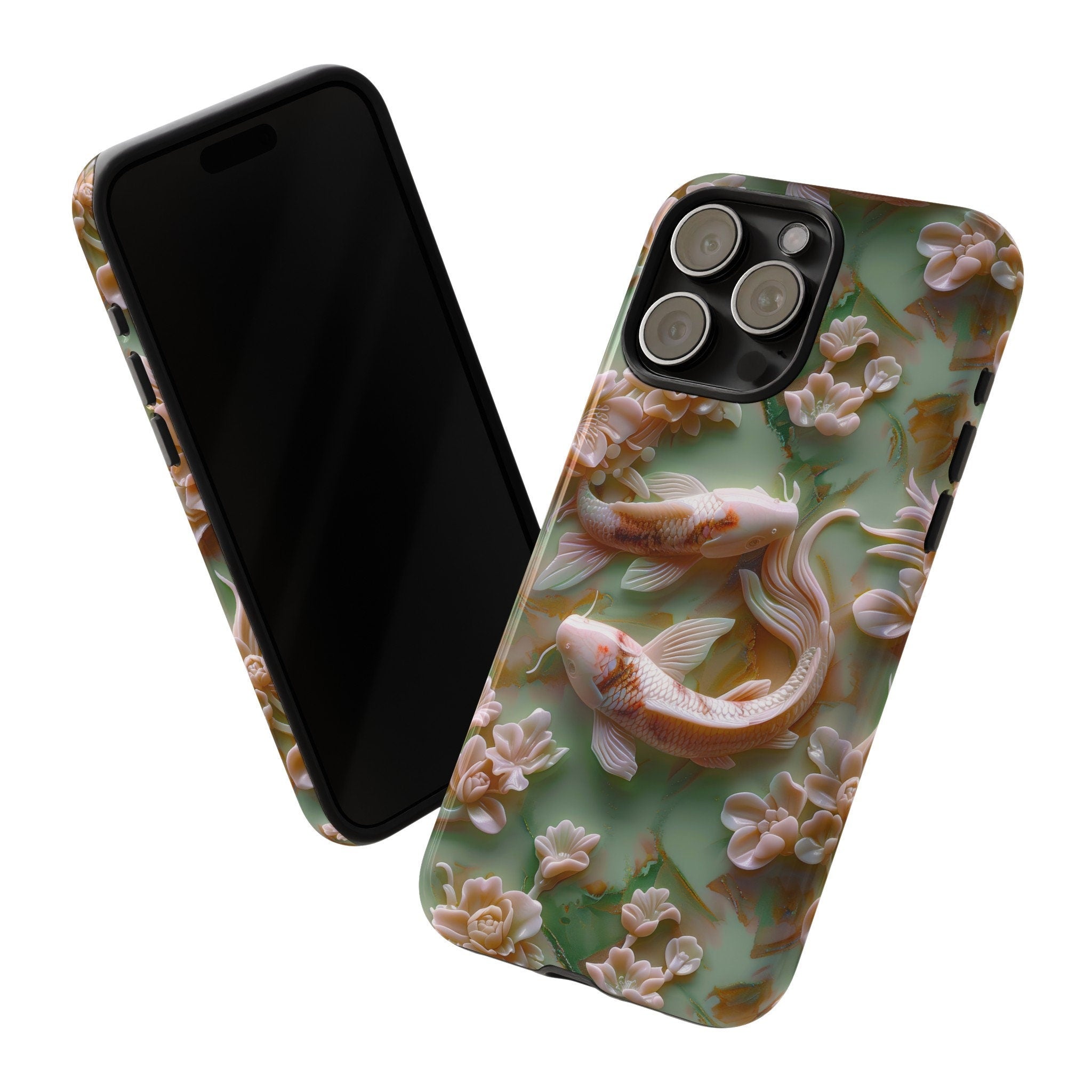 3d Asian Jade Carving Koi Phone Case | Pink Marble Fish Landscape | iPhone 15 14 Pro Max | Google Pixel 8 7 Pro | Samsung Galaxy S24 S22 Ultra