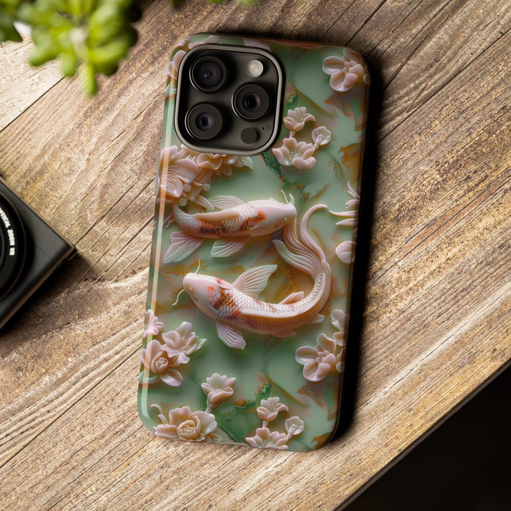 3d Asian Jade Carving Koi Phone Case | Pink Marble Fish Landscape | iPhone 15 14 Pro Max | Google Pixel 8 7 Pro | Samsung Galaxy S24 S22 Ultra