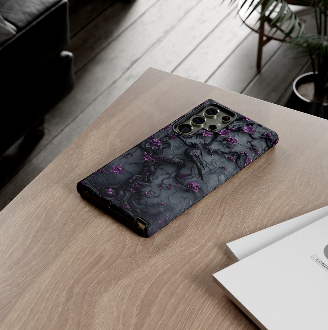 Goth Gothic Dark Spooky Raven Crow Phone Case Witchy Purple Tree Flower iPhone 15 14 13 12 11 8 Pro Max X XS XR Pixel Samsung S23 S24+ Gift