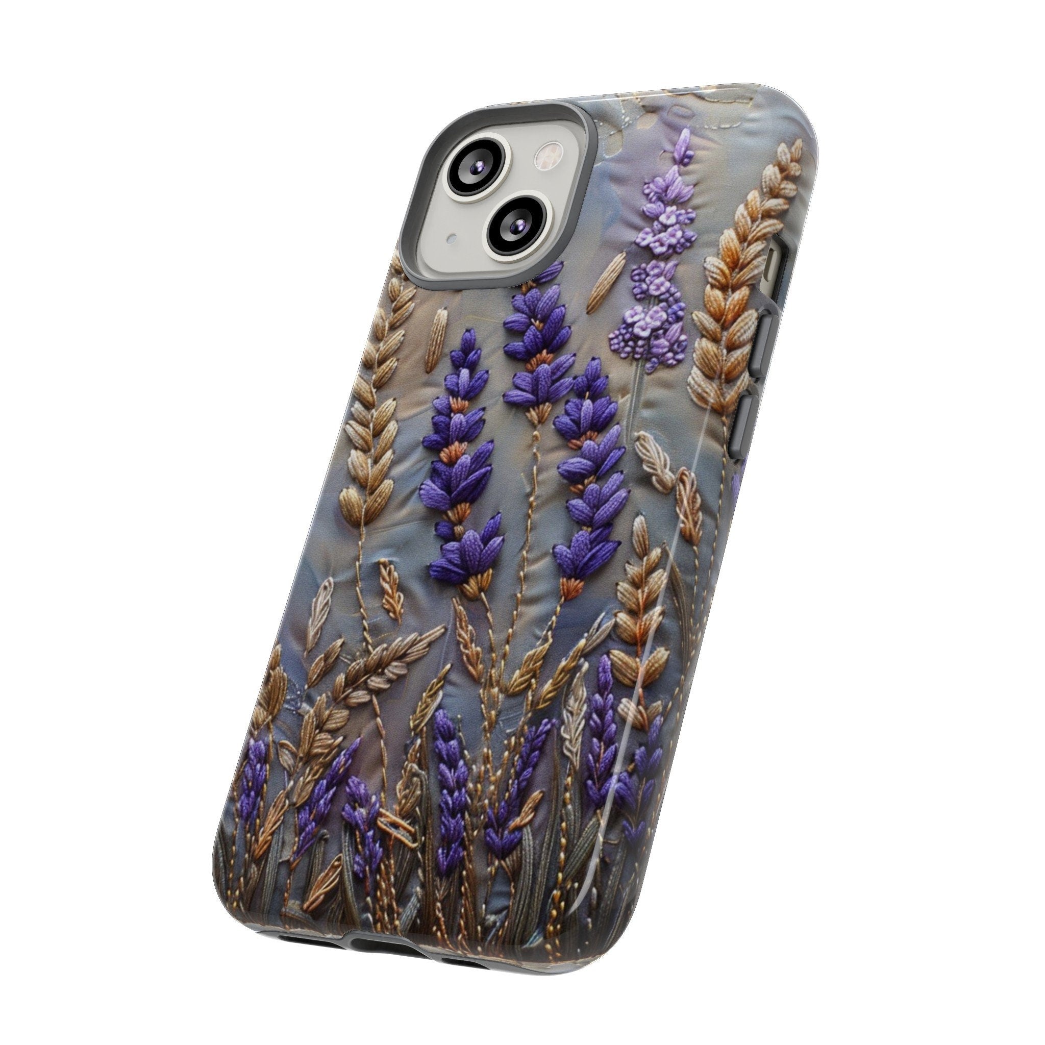 Lavender Flowers Phone Case, Purple Summer Floral Faux Embroidery Phone Cover, iPhone 15 14 13 Pro Max, Pixel 8 7, Samsung S24 S23 Ultra
