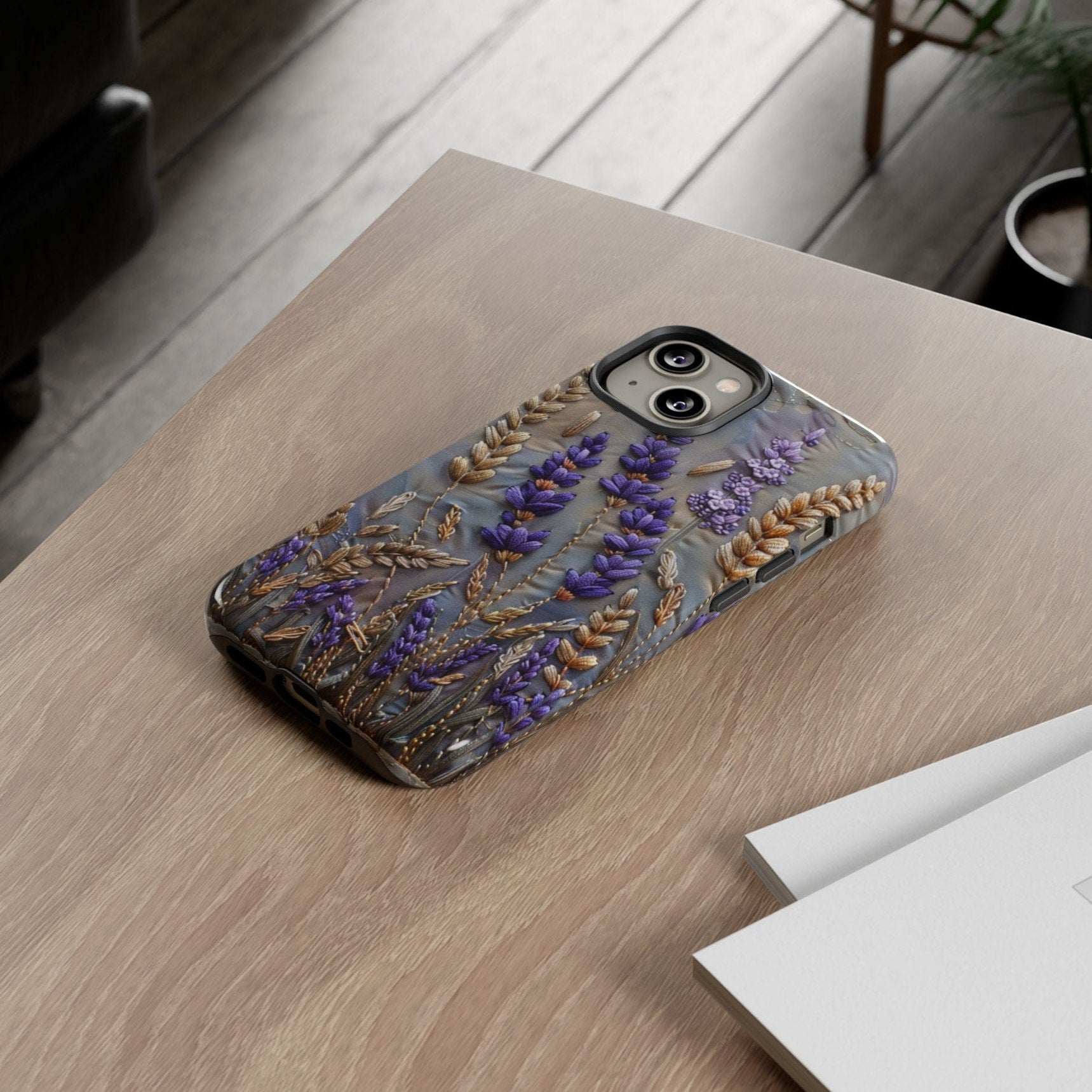 Lavender Flowers Phone Case, Purple Summer Floral Faux Embroidery Phone Cover, iPhone 15 14 13 Pro Max, Pixel 8 7, Samsung S24 S23 Ultra