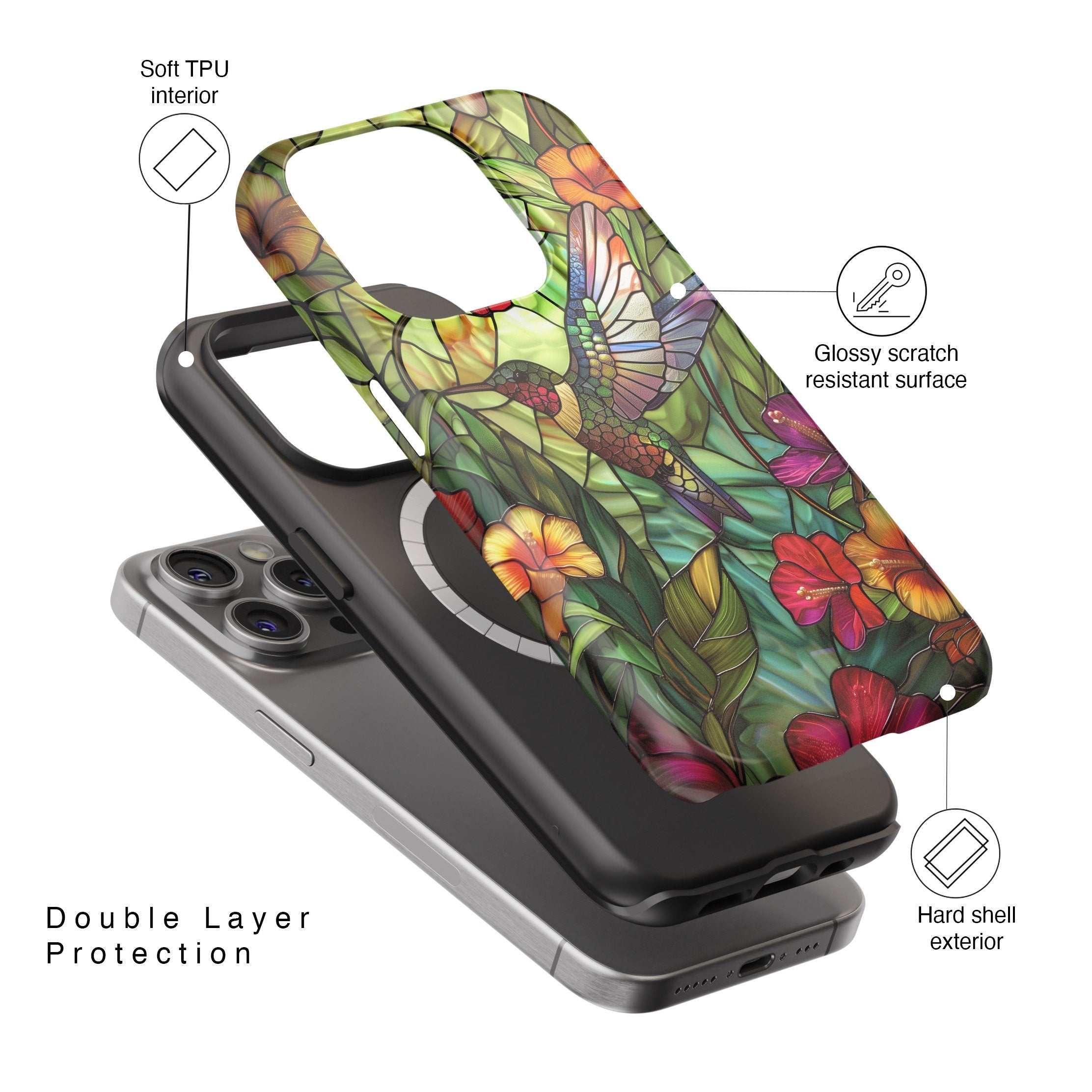 iPhone Case with Colourful Hummingbird Stained Glass Design • Magsafe Phone Case • For iPhone 15, 14, 13, 12, 11, XR, XS, Pro, Max, Mini
