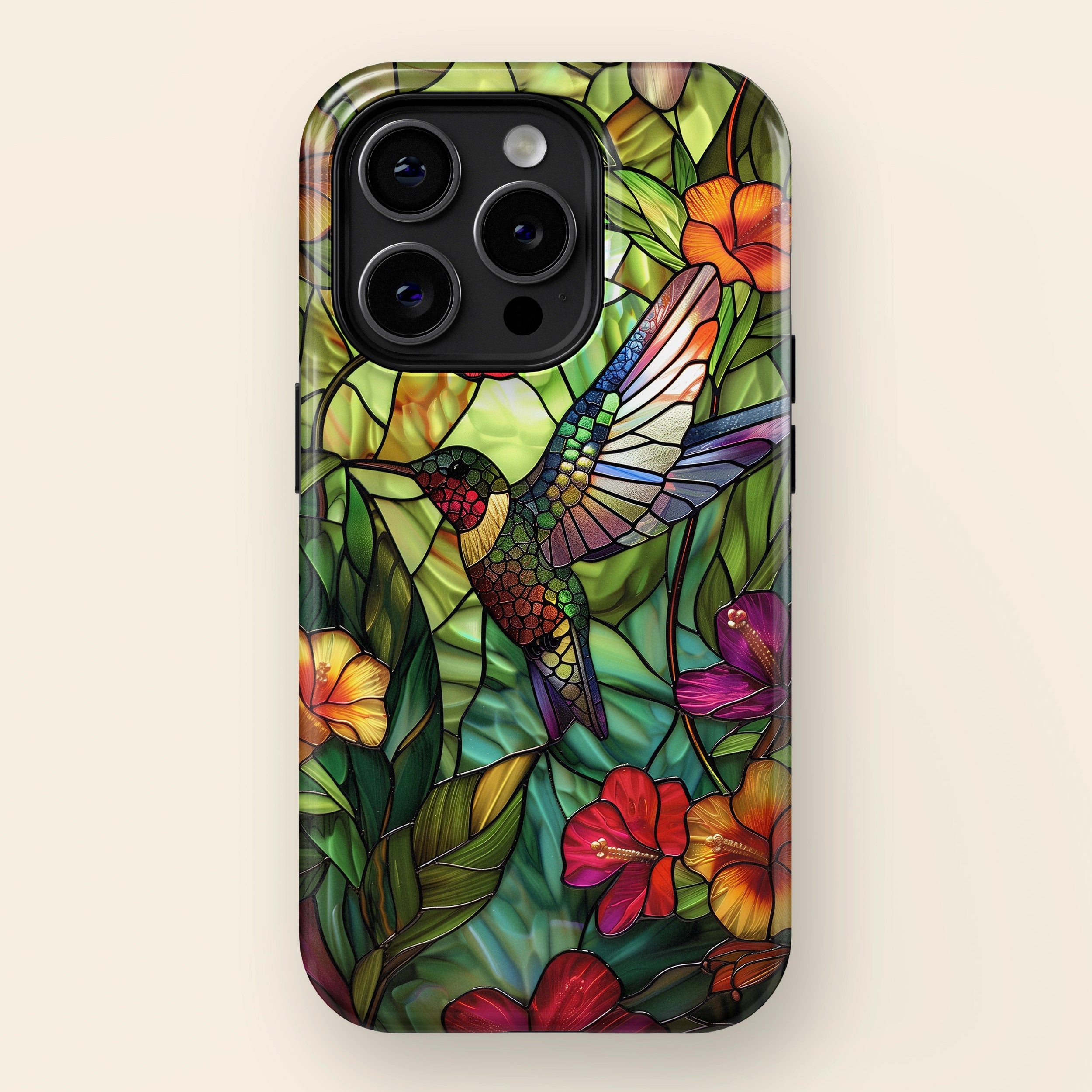 iPhone Case with Colourful Hummingbird Stained Glass Design • Magsafe Phone Case • For iPhone 15, 14, 13, 12, 11, XR, XS, Pro, Max, Mini