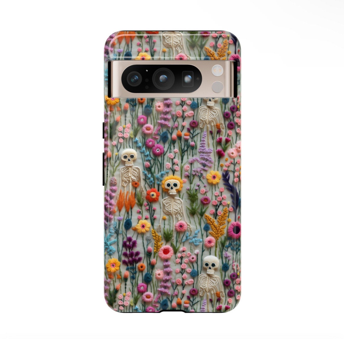 Vintage Skeletons in Bloom Phone Case | Embroidered Look Floral Charm Phone Cover | Halloween Cottagecore | iPhone | Pixel | Samsung