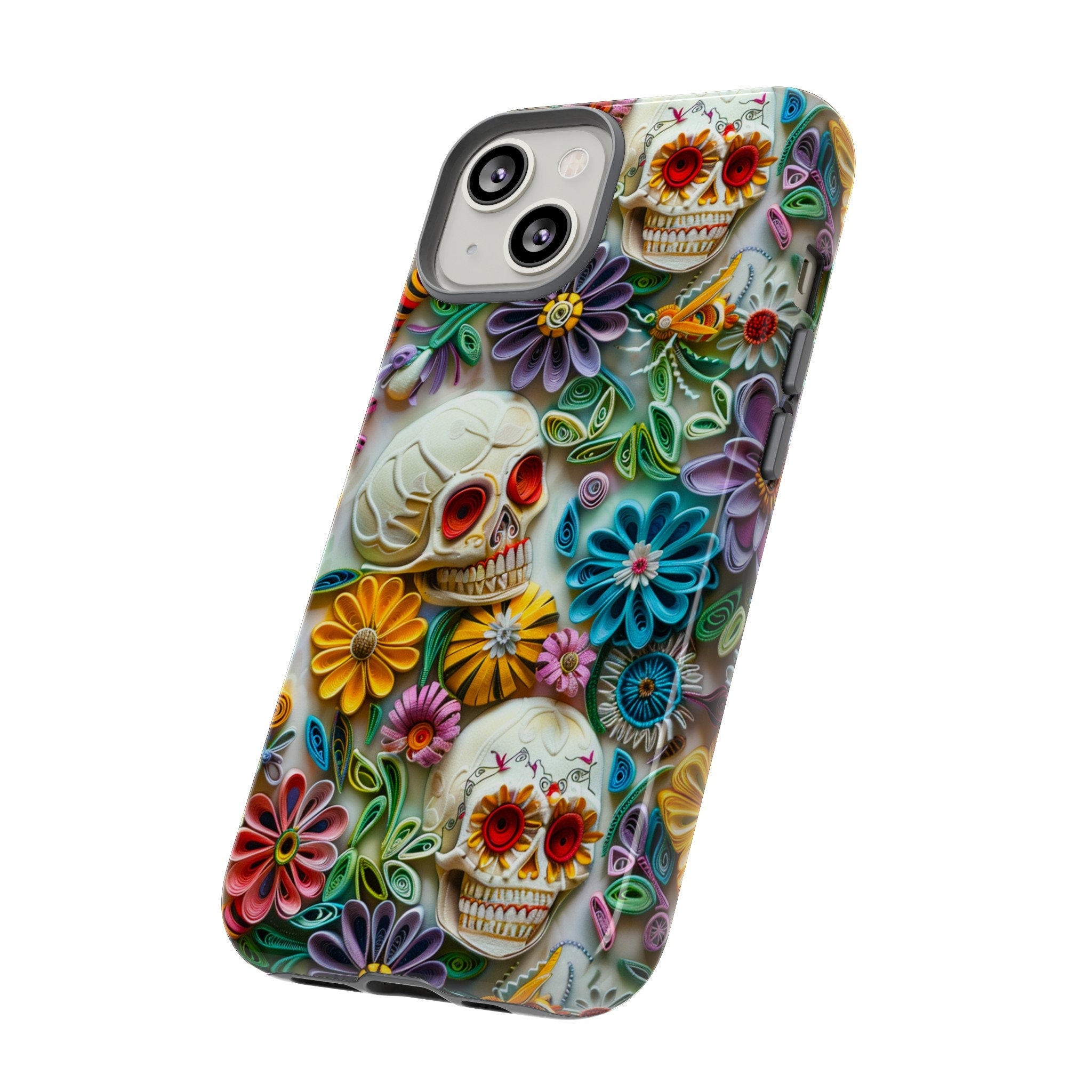 Paper Quilling Floral Skull Phone Case, 3D Faux Paper Gothic Art Design, iPhone 15 14 13 Pro Max Mini, Pixel 8 7, Samsung S24 S23 Plus Ultra