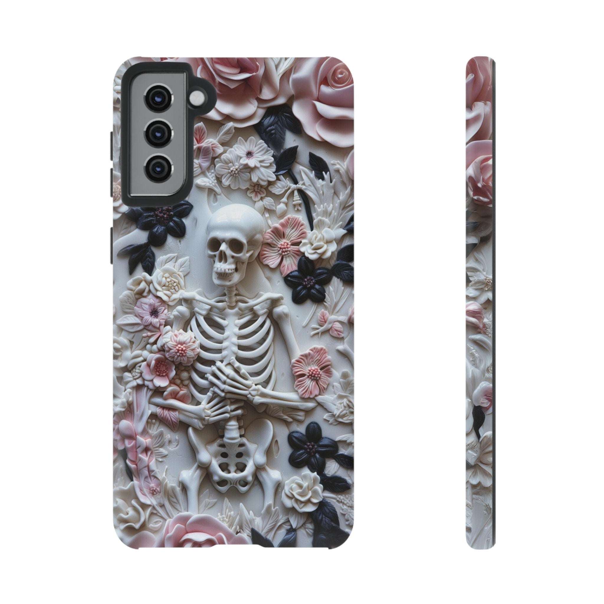 Whimsigoth Skeleton Phone Case, 3D Effect Pink and Black Floral Skeleton, Cute and Spooky Halloween Phone Case, iPhone, Samsung, Pixel