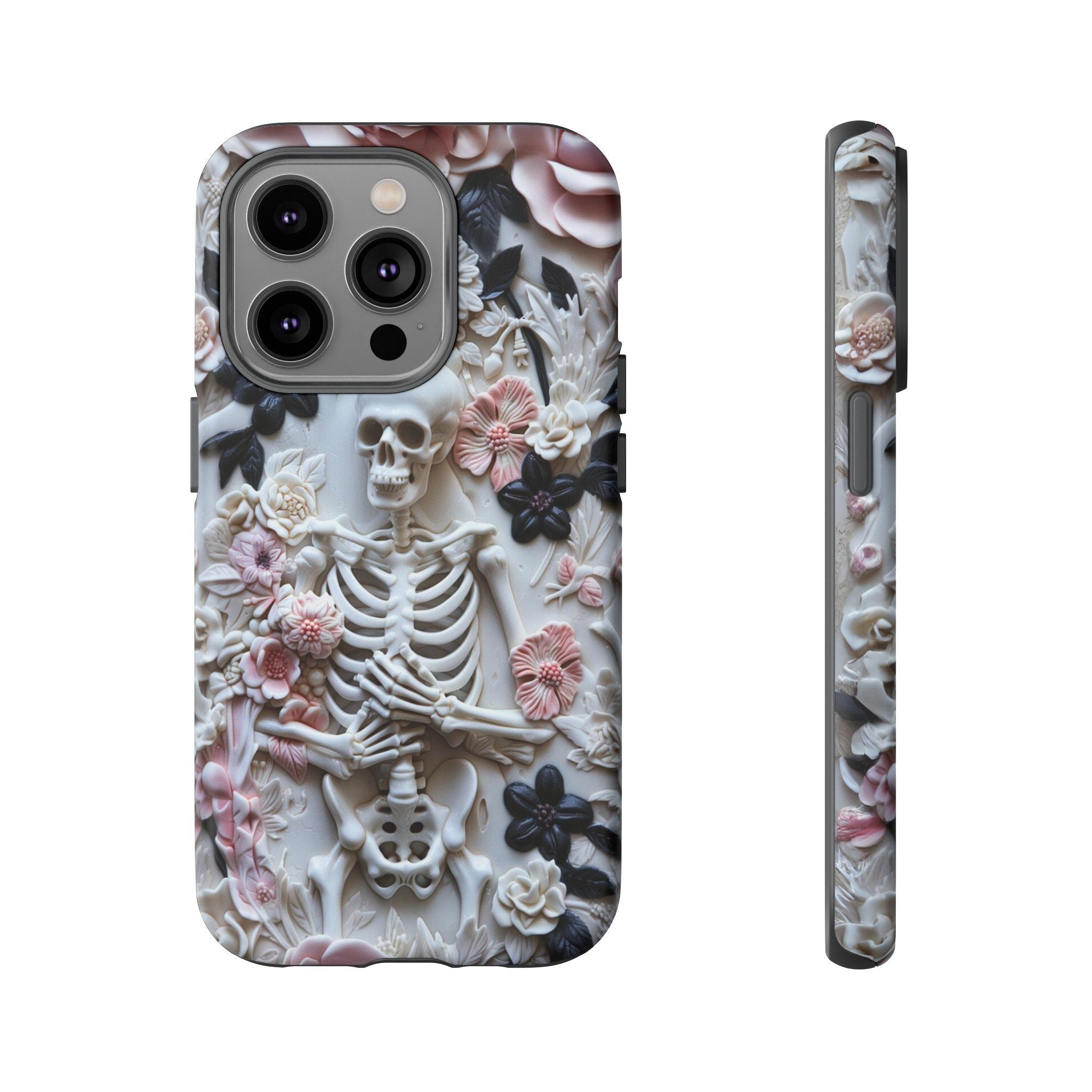 Whimsigoth Skeleton Phone Case, 3D Effect Pink and Black Floral Skeleton, Cute and Spooky Halloween Phone Case, iPhone, Samsung, Pixel