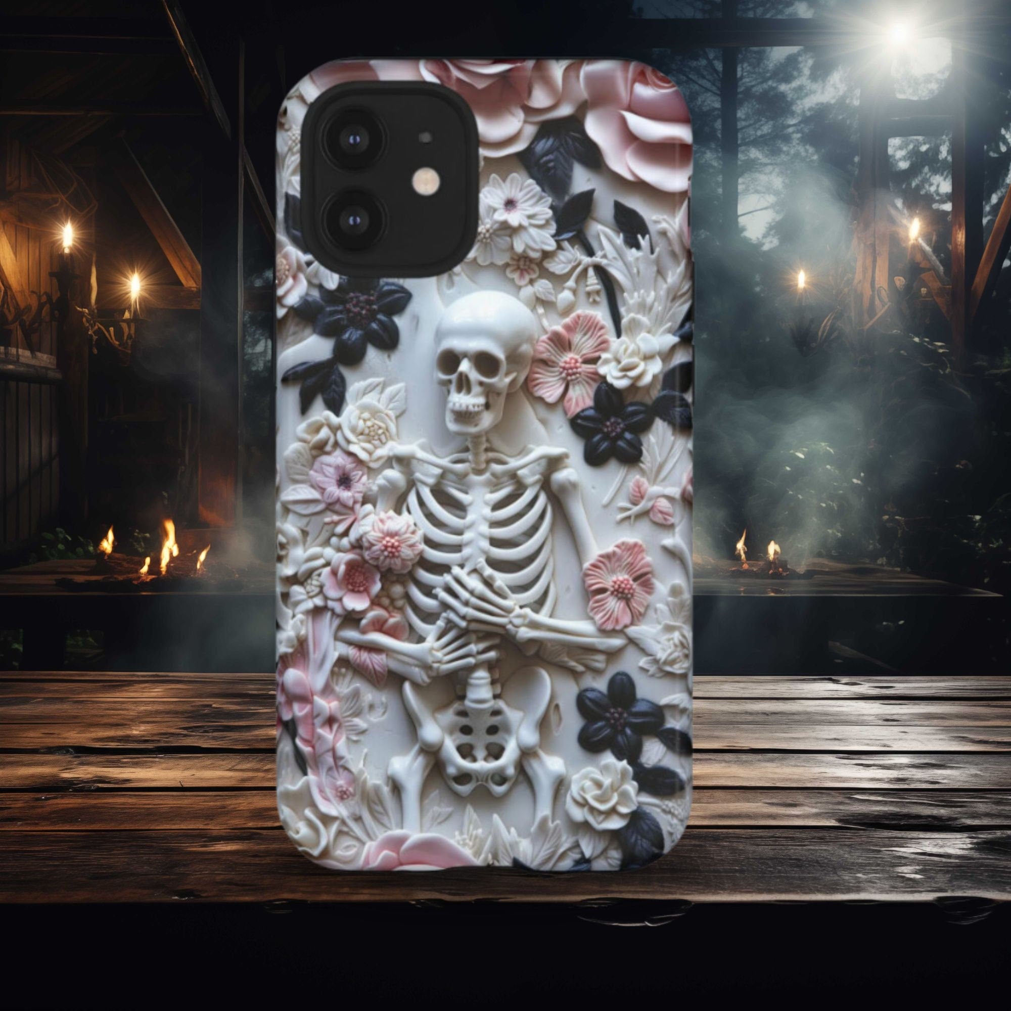 Whimsigoth Skeleton Phone Case, 3D Effect Pink and Black Floral Skeleton, Cute and Spooky Halloween Phone Case, iPhone, Samsung, Pixel