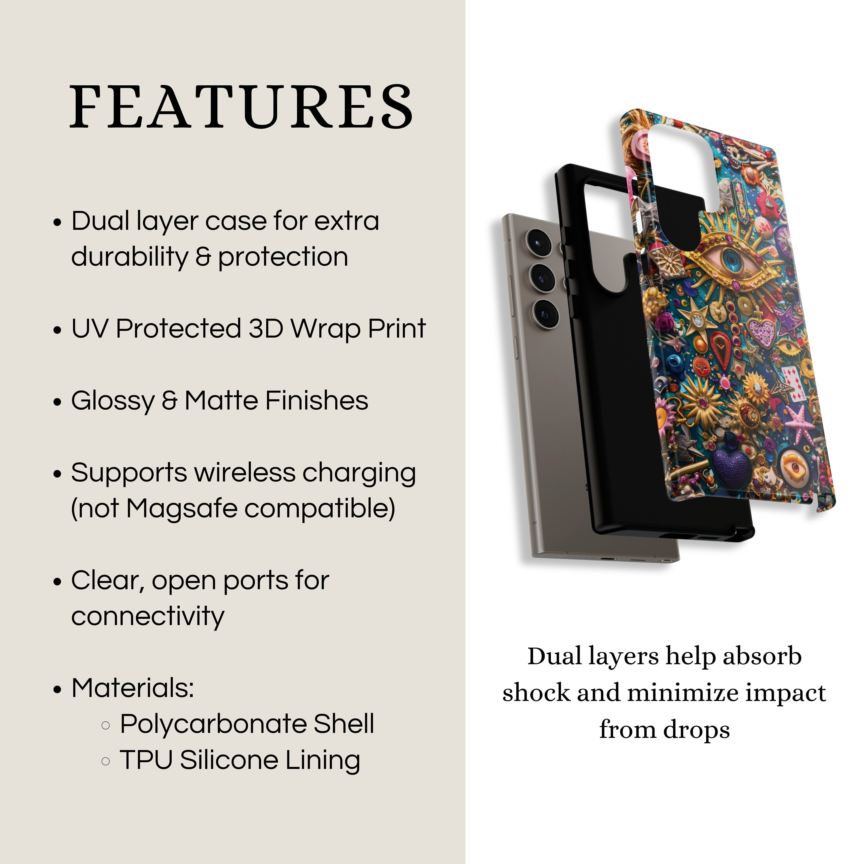 Vintage Mosaic Evil Eye Charm Phone Case, Abstract Trinket Collage Phone Cover for iPhone 15 14 13 12 11, Samsung Galaxy S24 S23 S22 Ultra