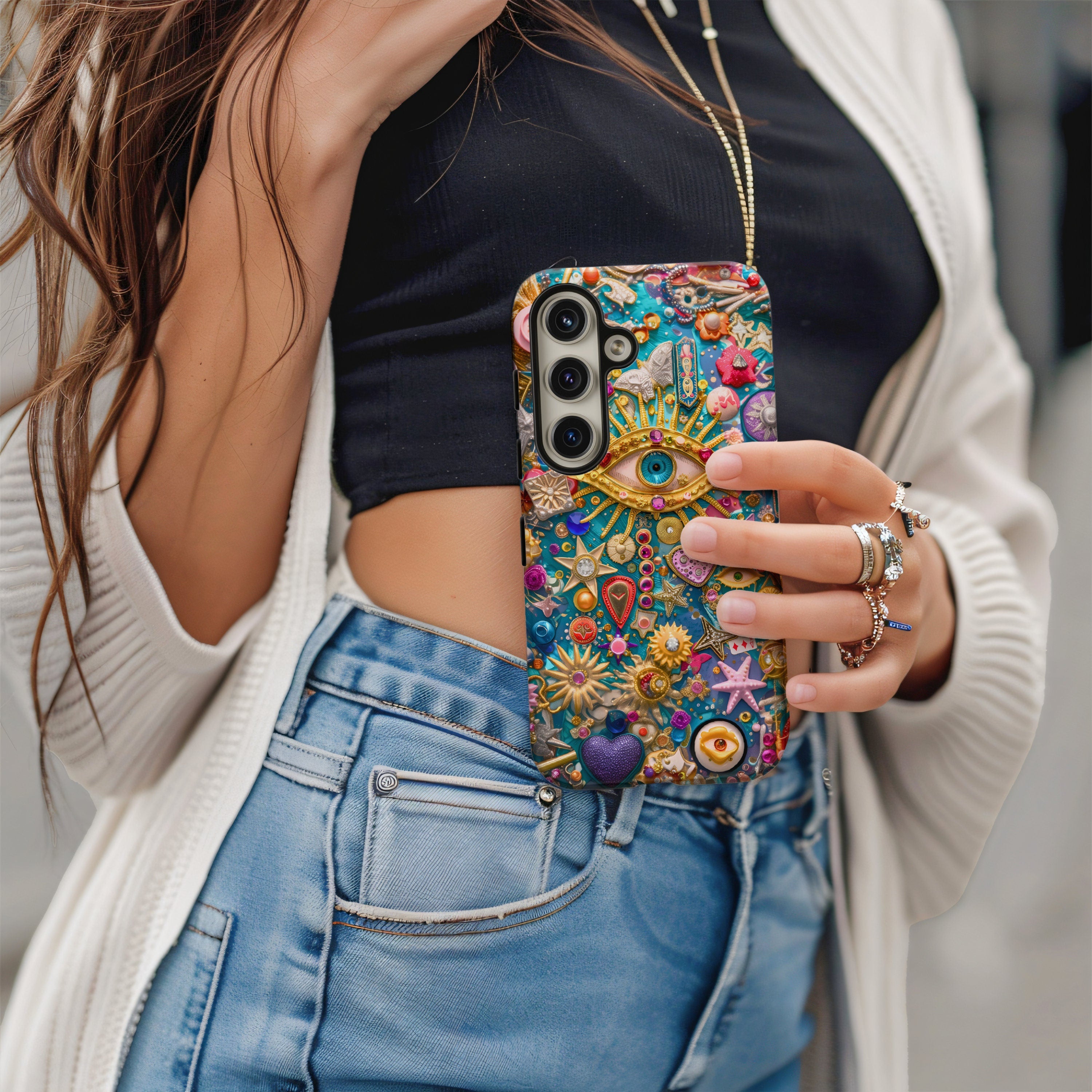 Vintage Mosaic Evil Eye Charm Phone Case, Abstract Trinket Collage Phone Cover for iPhone 15 14 13 12 11, Samsung Galaxy S24 S23 S22 Ultra