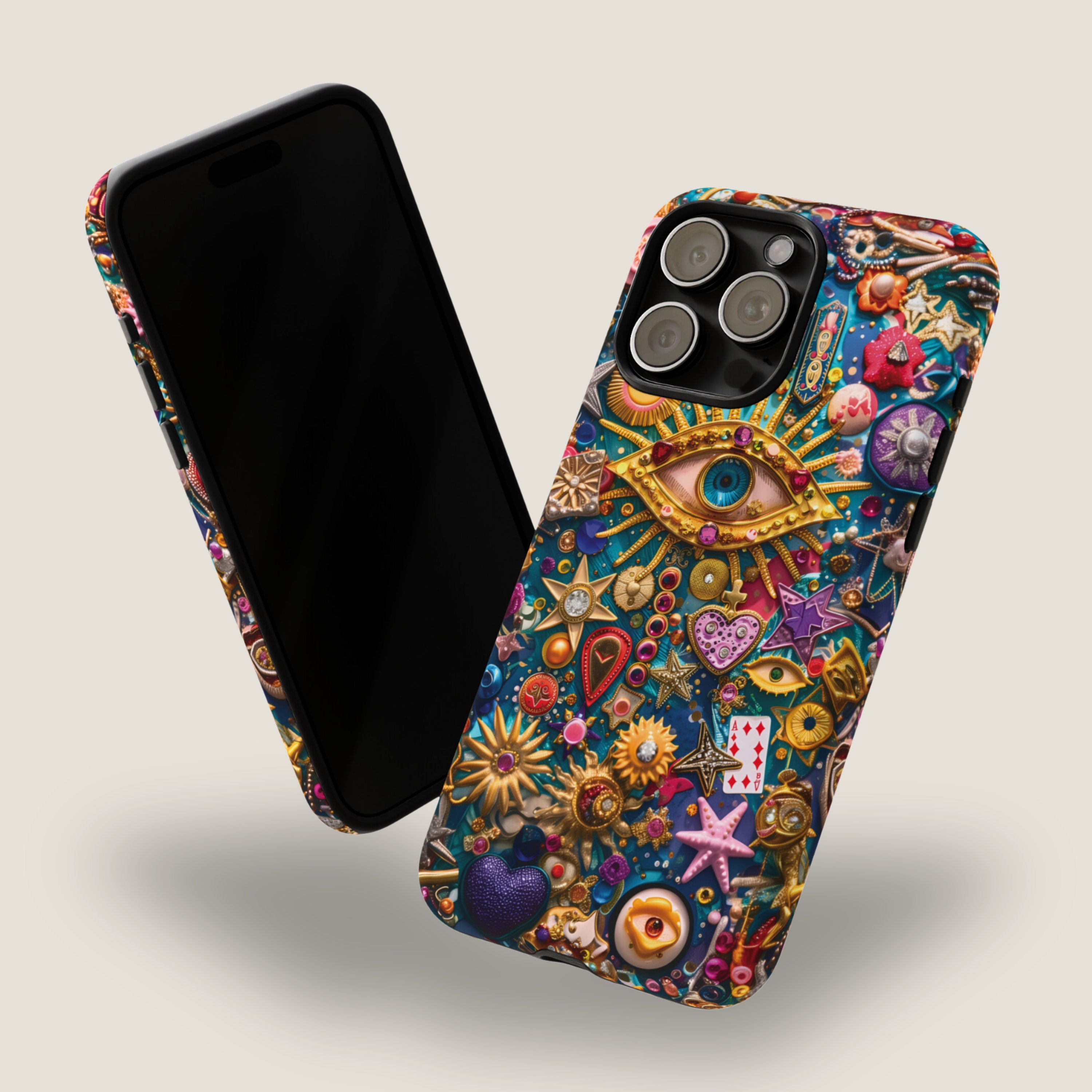 Vintage Mosaic Evil Eye Charm Phone Case, Abstract Trinket Collage Phone Cover for iPhone 15 14 13 12 11, Samsung Galaxy S24 S23 S22 Ultra