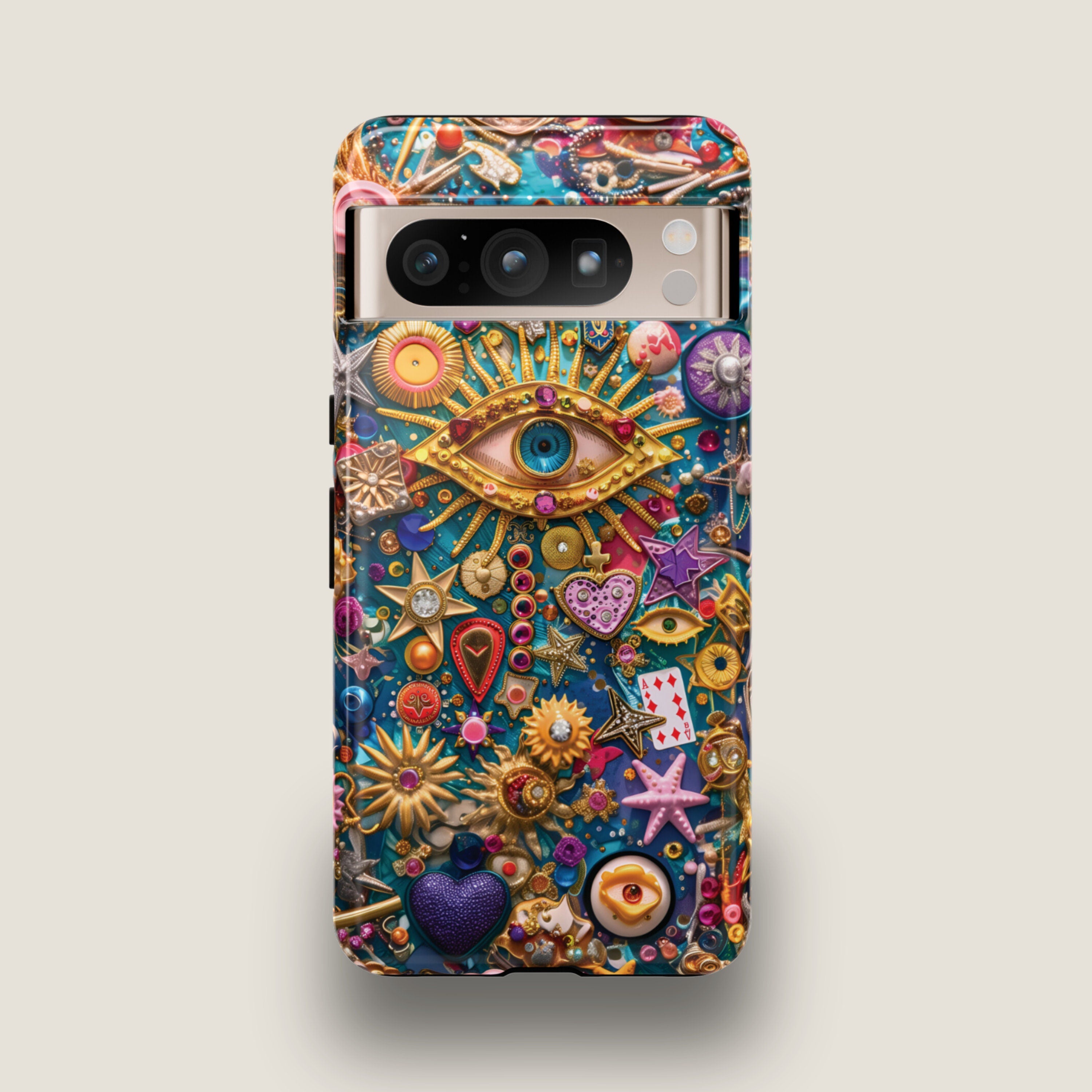 Vintage Mosaic Evil Eye Charm Phone Case, Abstract Trinket Collage Phone Cover for iPhone 15 14 13 12 11, Samsung Galaxy S24 S23 S22 Ultra