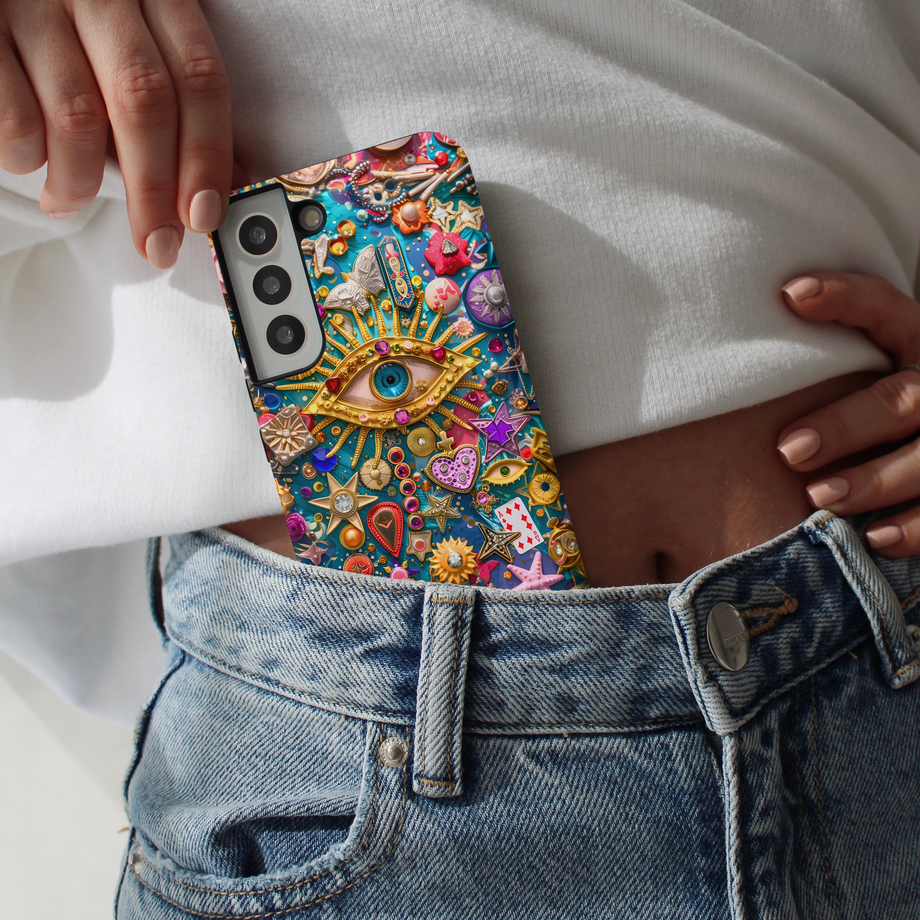 Vintage Mosaic Evil Eye Charm Phone Case, Abstract Trinket Collage Phone Cover for iPhone 15 14 13 12 11, Samsung Galaxy S24 S23 S22 Ultra