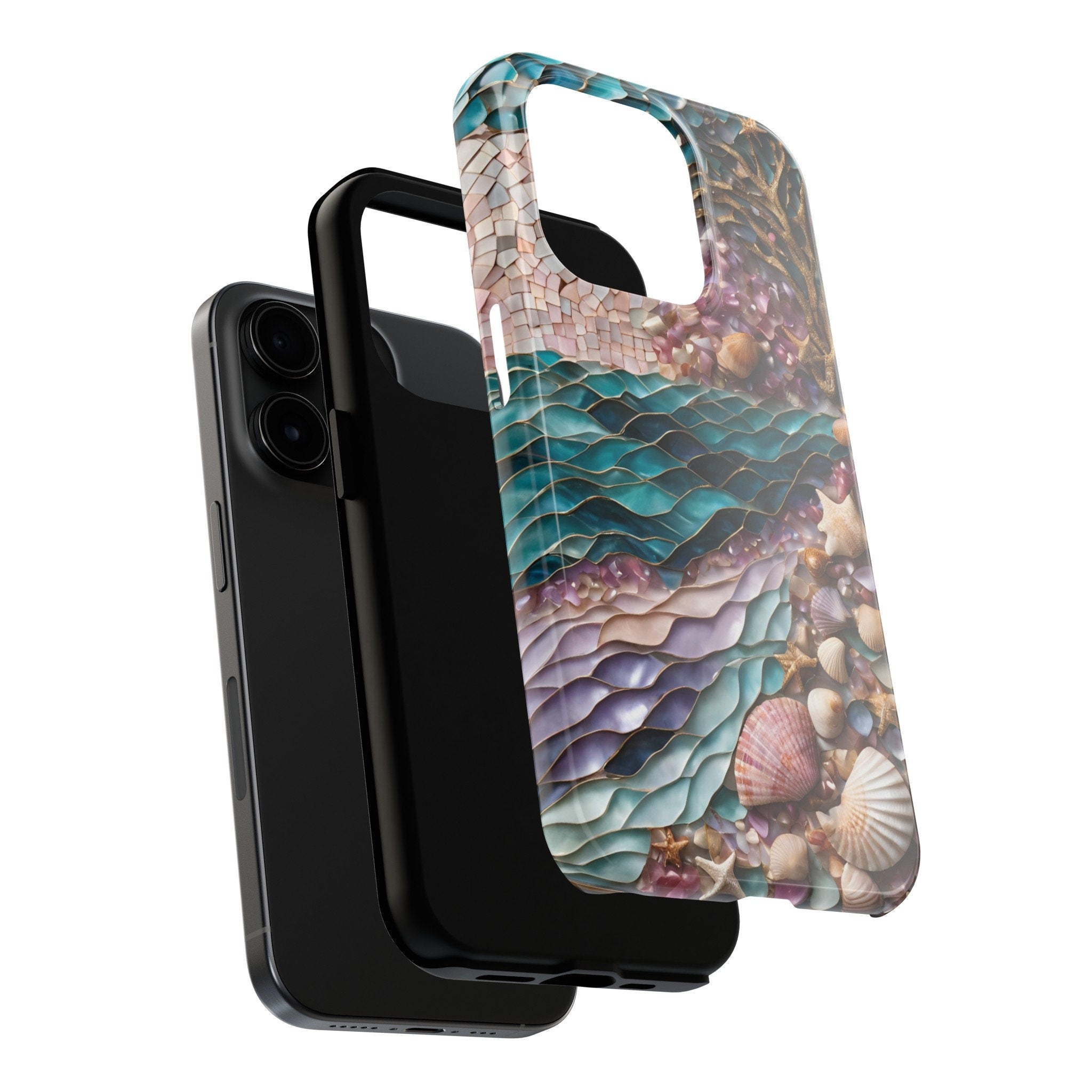 Seashells mosaic Stained Glass Effect Phone Case, pink gold teal beach printed case for iPhone and Samsung, phone gifts for her