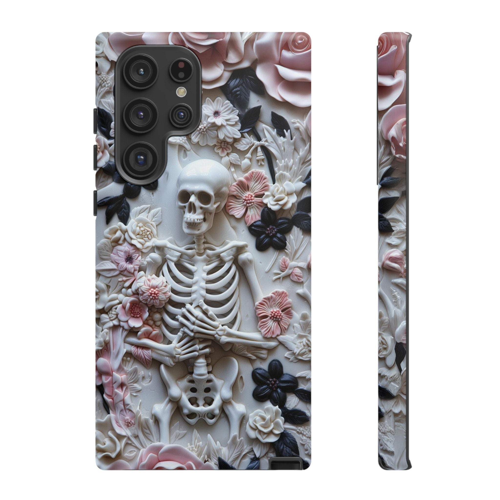 Whimsigoth Skeleton Phone Case, 3D Effect Pink and Black Floral Skeleton, Cute and Spooky Halloween Phone Case, iPhone, Samsung, Pixel