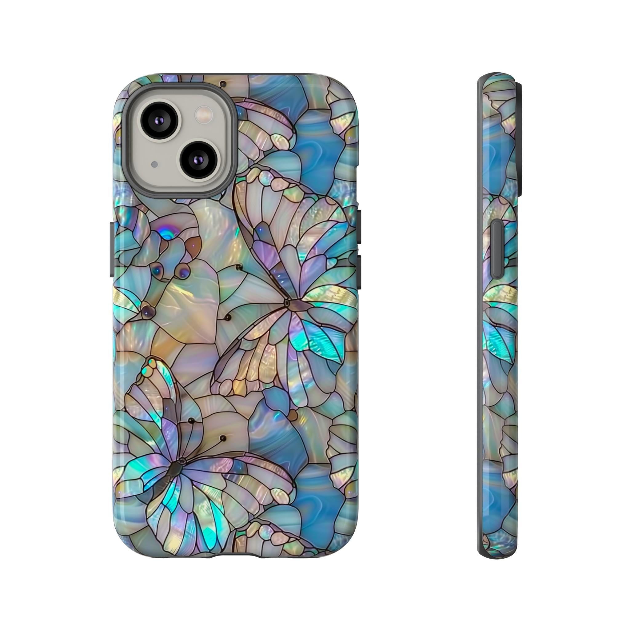 Stained Glass Butterfly Mosaic Phone Case, Stain Glass Look Butterfly Design Phone Cover For iPhone Pro Max, Pixel Pro, Samsung Ultra Plus