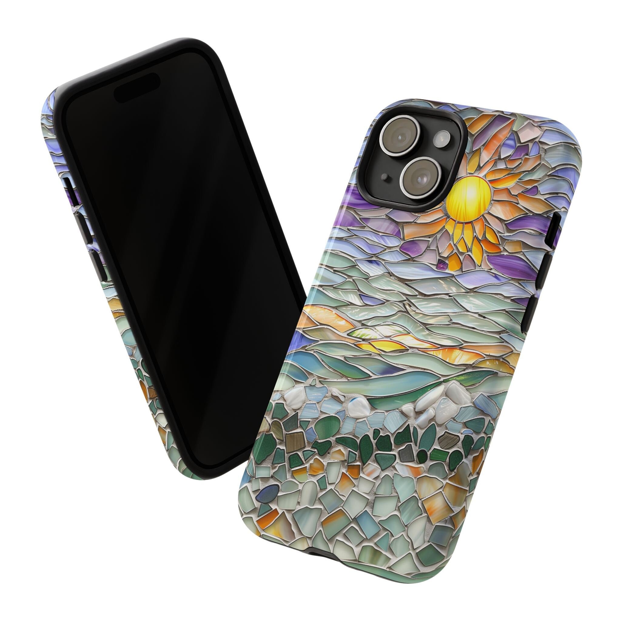 3D Stained Glass style Sun and Ocean Phone Case, Glass Mosaic Boho for iPhone 13, 14, 15, Pixel 8 Pro, Samsung S24