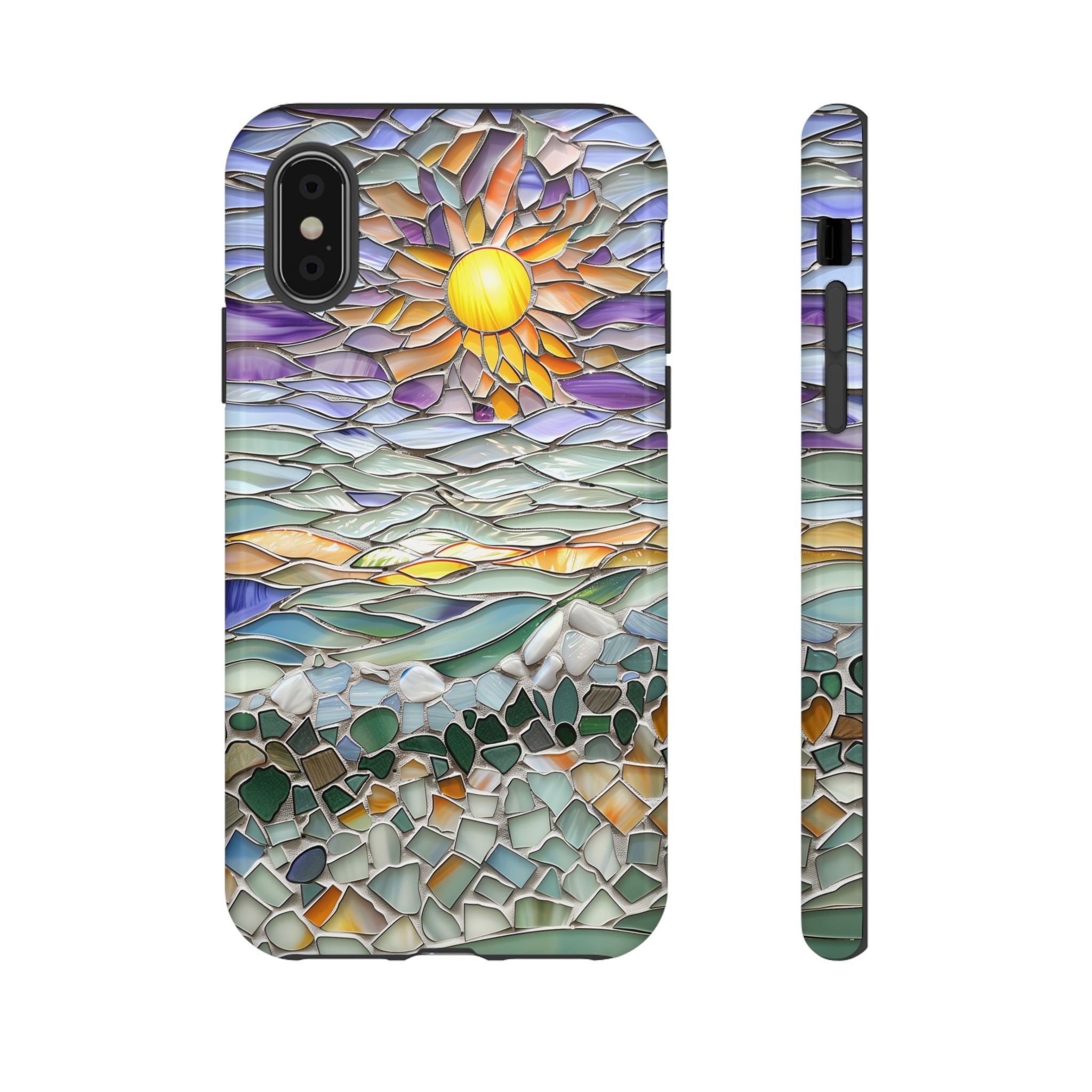 3D Stained Glass style Sun and Ocean Phone Case, Glass Mosaic Boho for iPhone 13, 14, 15, Pixel 8 Pro, Samsung S24
