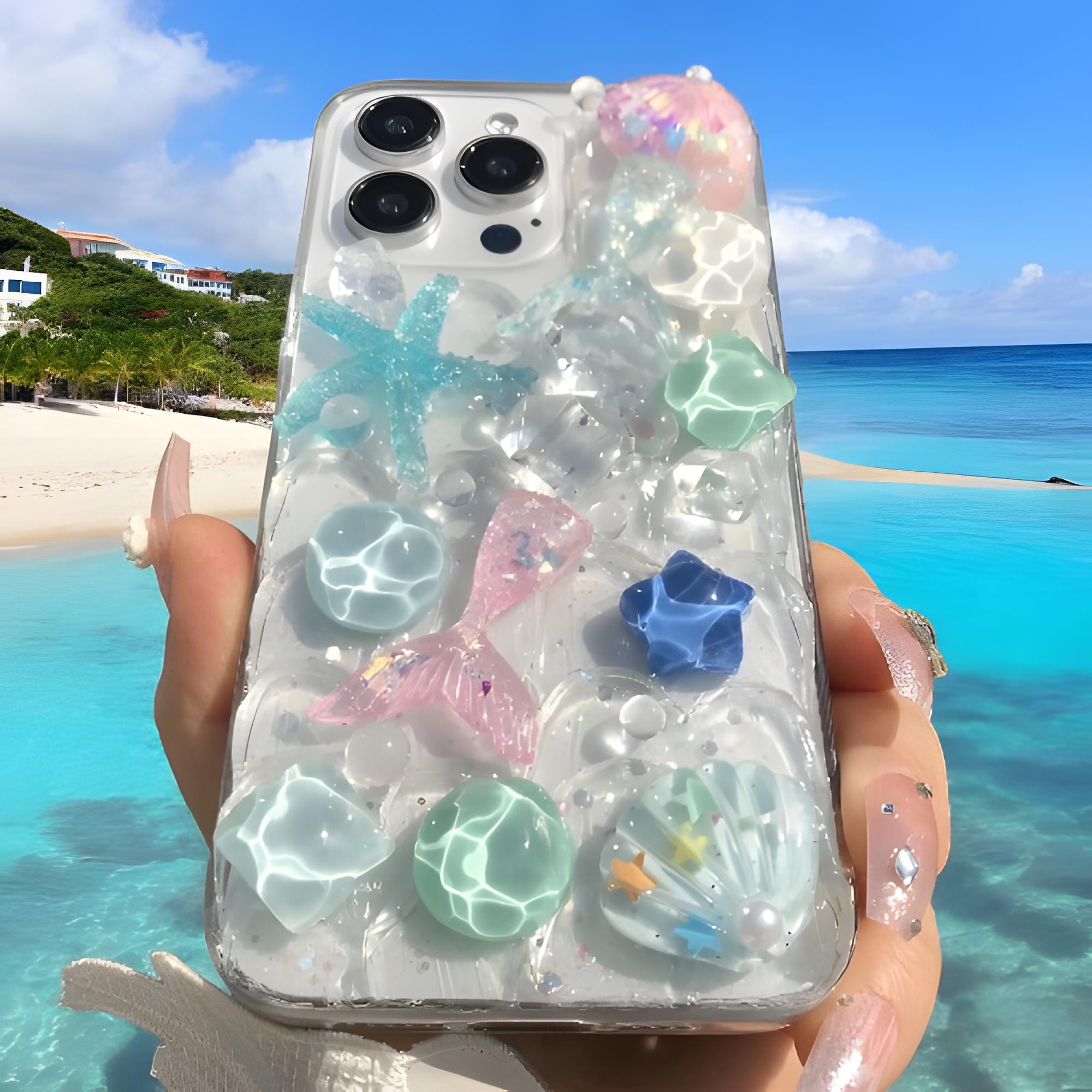 Cute 3D Starfish & Mermaid Phone Case, Crystal Stone for iPhone 15 14 13 12 11 Pro Max, Perfect Gift for Her