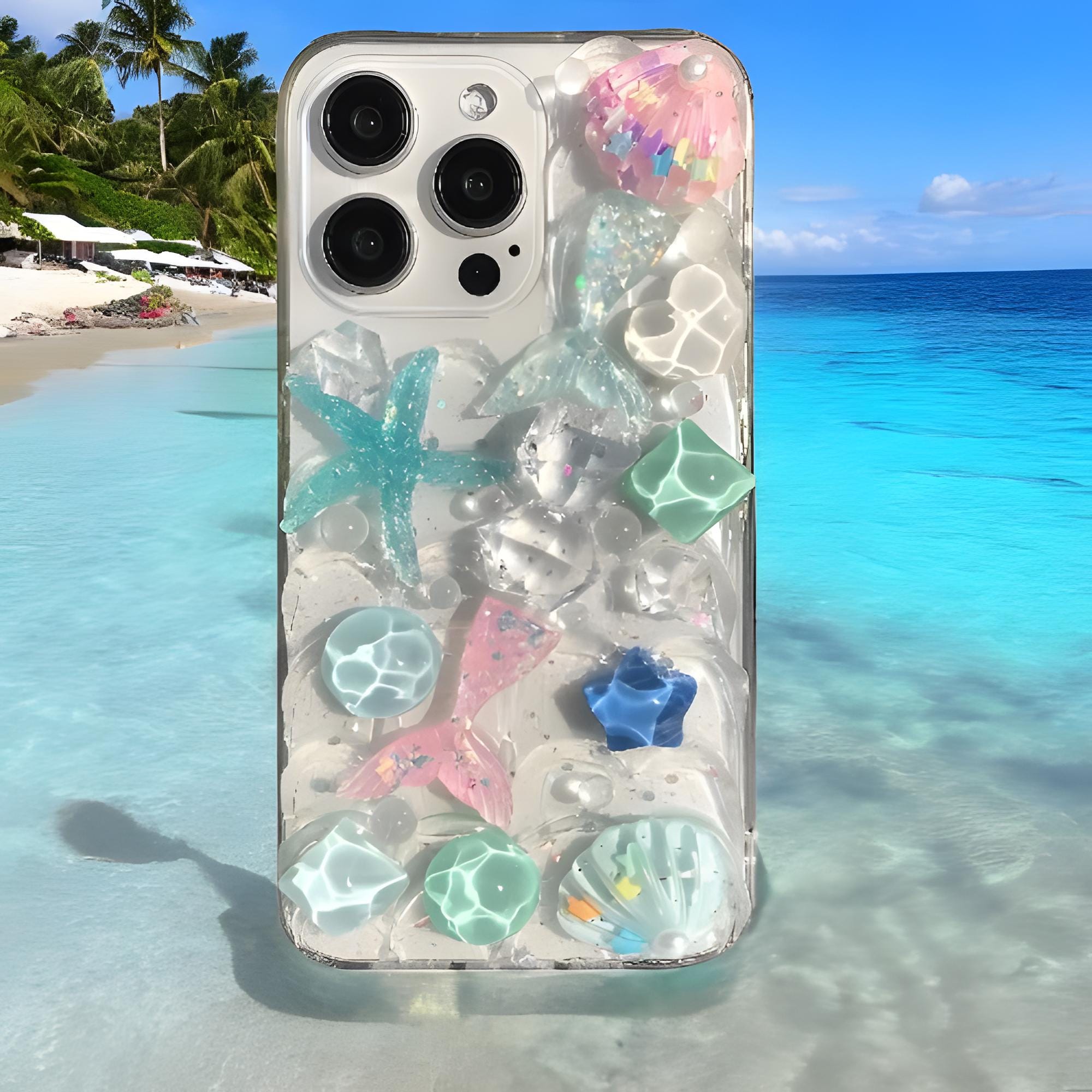 Cute 3D Starfish & Mermaid Phone Case, Crystal Stone for iPhone 15 14 13 12 11 Pro Max, Perfect Gift for Her