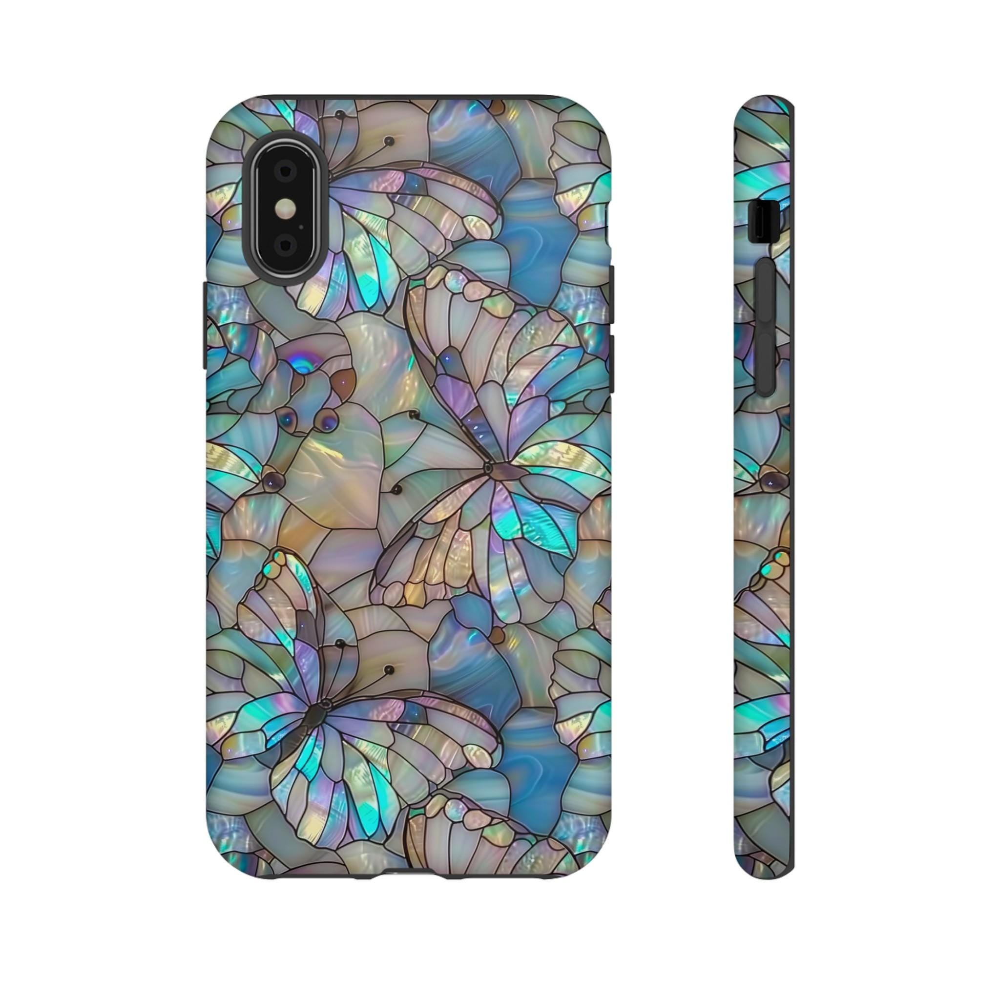 Stained Glass Butterfly Mosaic Phone Case, Stain Glass Look Butterfly Design Phone Cover For iPhone Pro Max, Pixel Pro, Samsung Ultra Plus