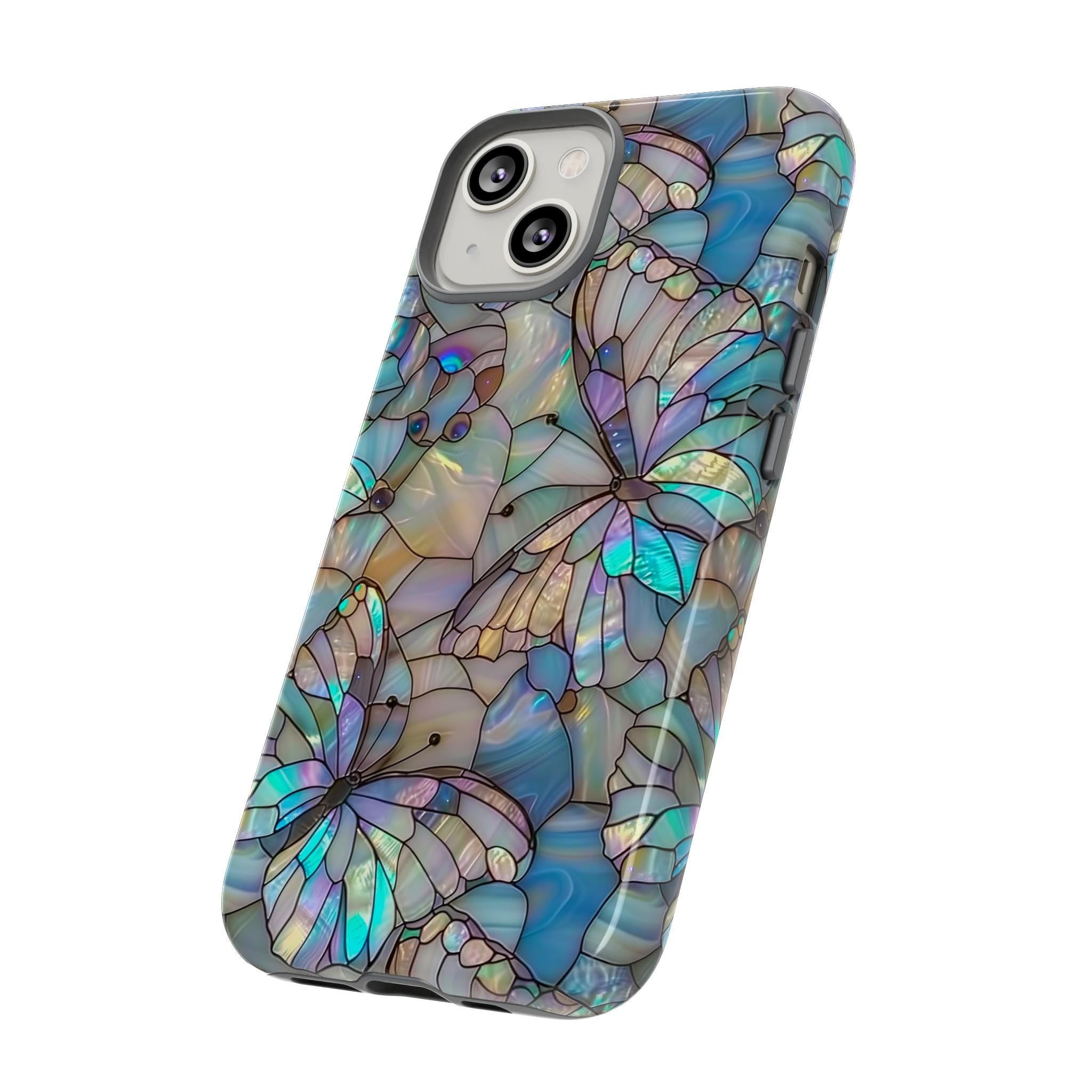 Stained Glass Butterfly Mosaic Phone Case, Stain Glass Look Butterfly Design Phone Cover For iPhone Pro Max, Pixel Pro, Samsung Ultra Plus