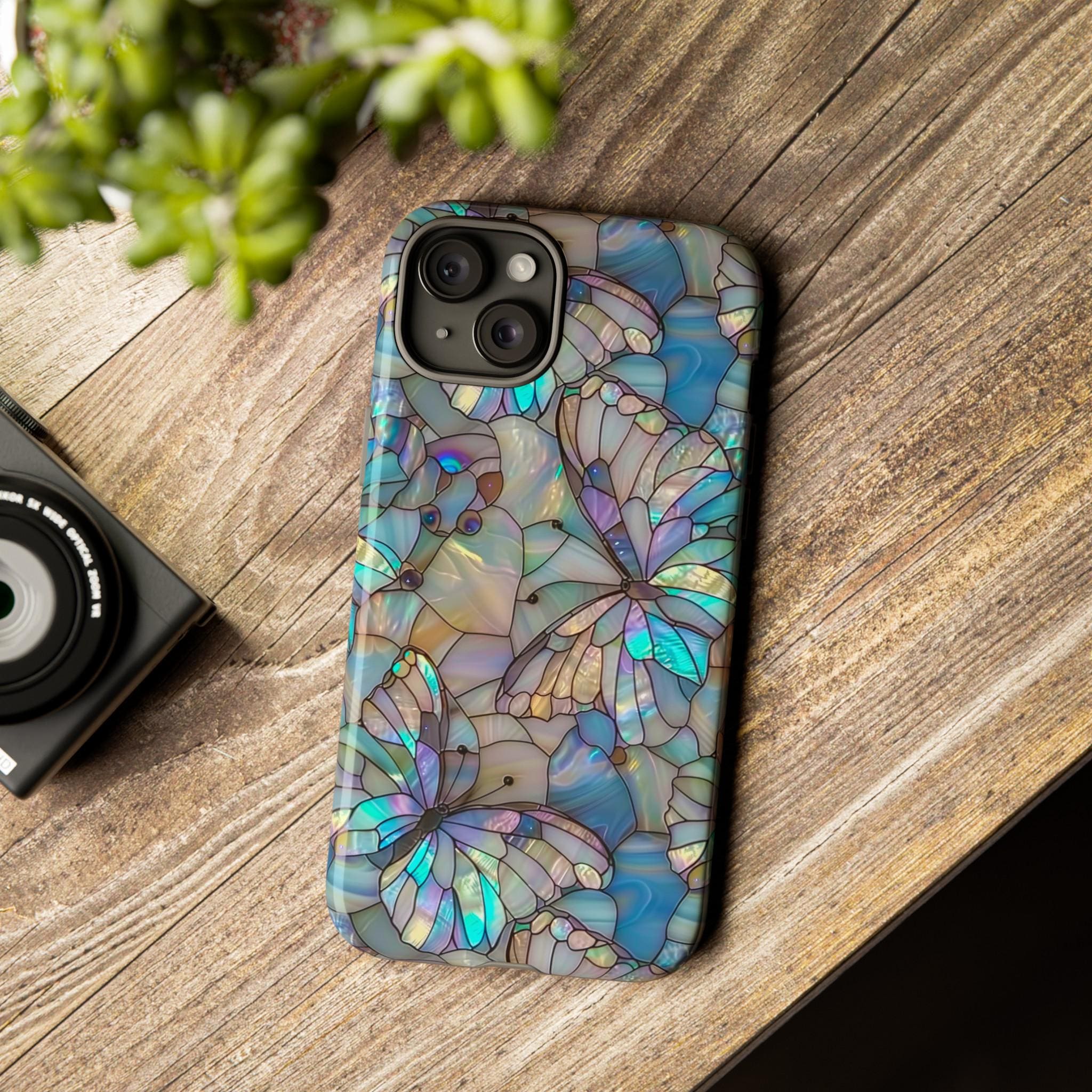 Stained Glass Butterfly Mosaic Phone Case, Stain Glass Look Butterfly Design Phone Cover For iPhone Pro Max, Pixel Pro, Samsung Ultra Plus