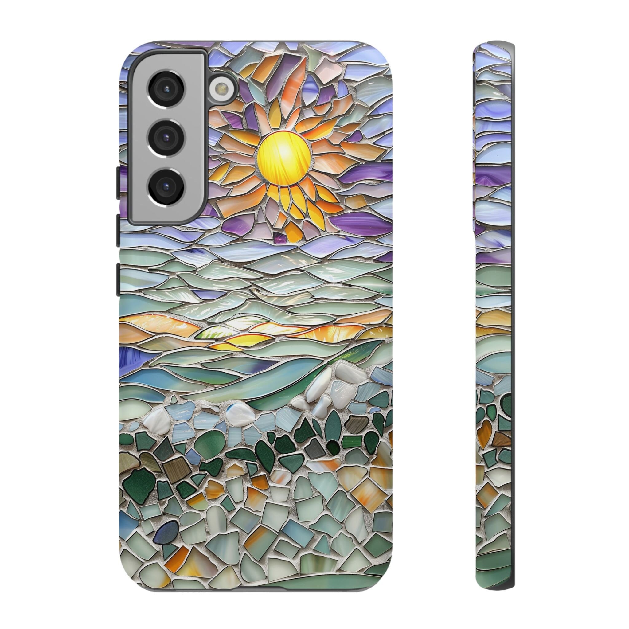 3D Stained Glass style Sun and Ocean Phone Case, Glass Mosaic Boho for iPhone 13, 14, 15, Pixel 8 Pro, Samsung S24