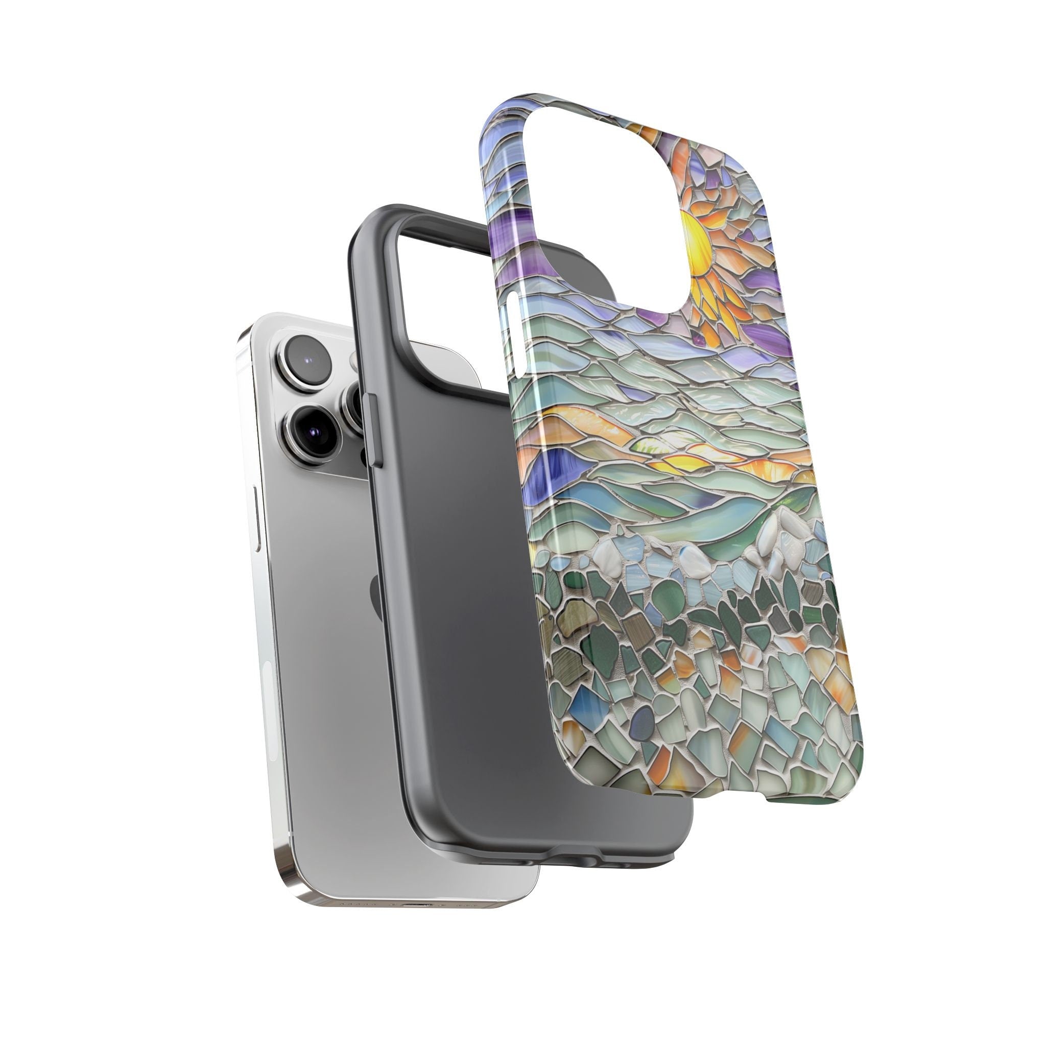 3D Stained Glass style Sun and Ocean Phone Case, Glass Mosaic Boho for iPhone 13, 14, 15, Pixel 8 Pro, Samsung S24