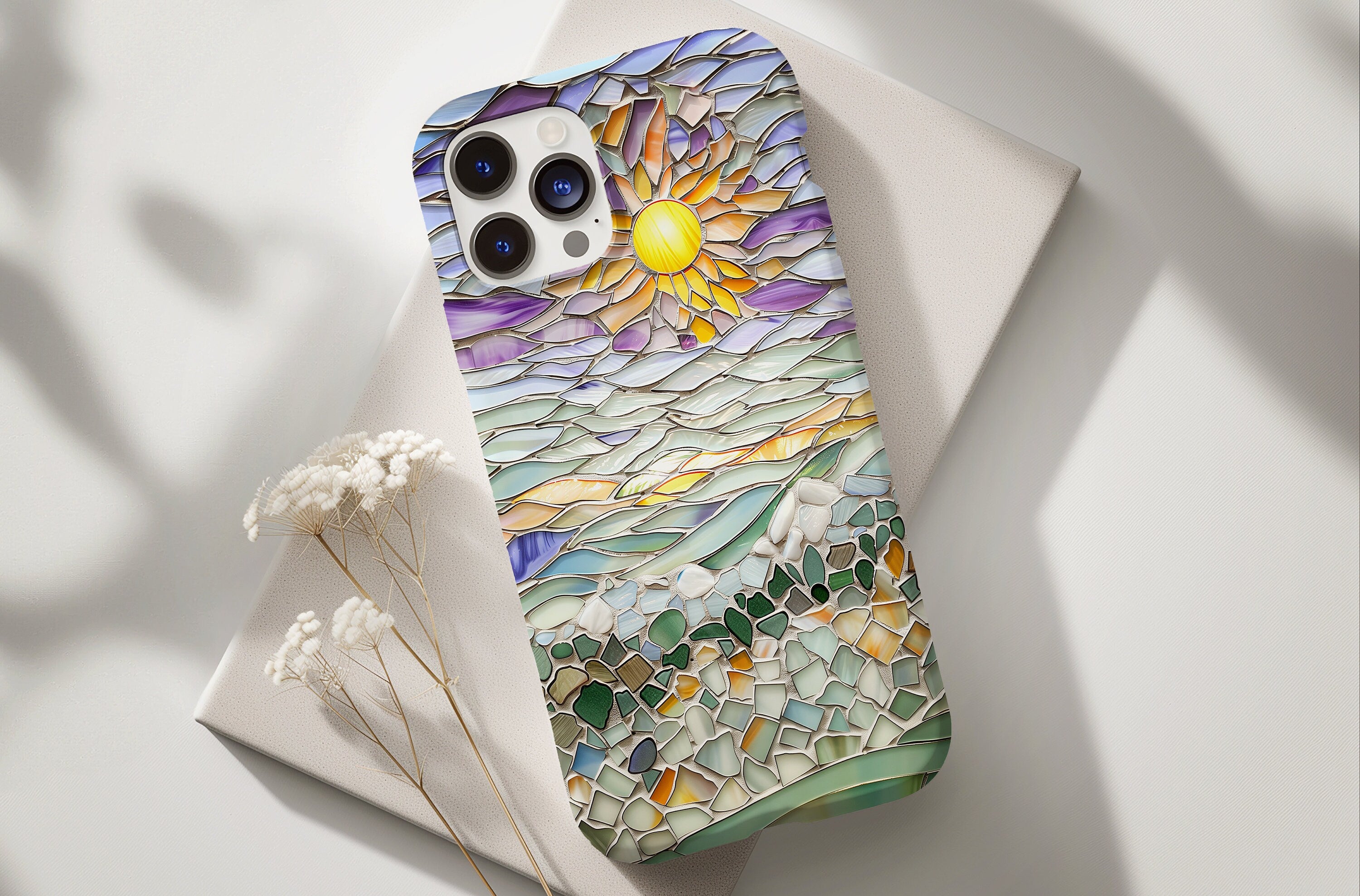 3D Stained Glass style Sun and Ocean Phone Case, Glass Mosaic Boho for iPhone 13, 14, 15, Pixel 8 Pro, Samsung S24