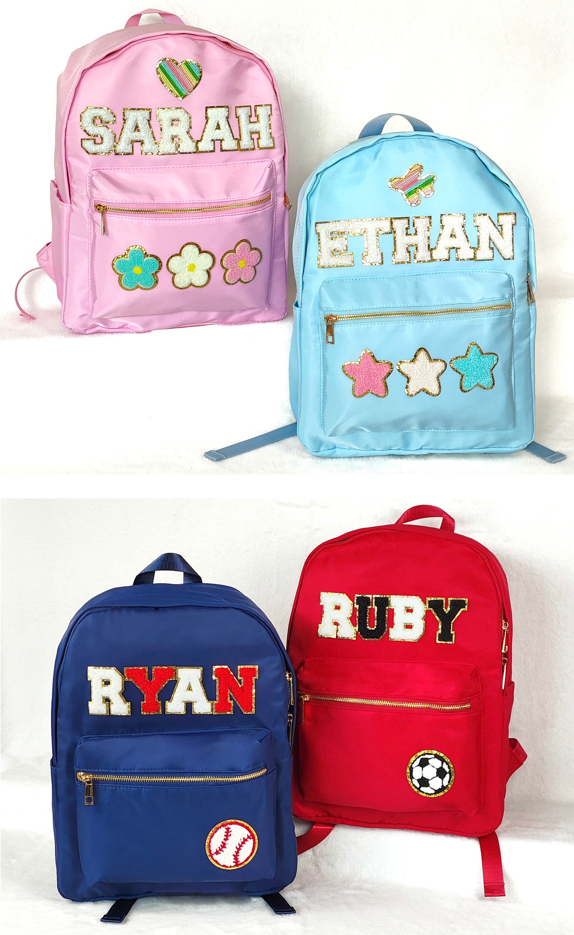 Sewn Patches Backpack Personalized Nylon Backpack with Patch Chenille Letter Custom School Bag Kids Back to School Lunch Box Bag Lunch Bag