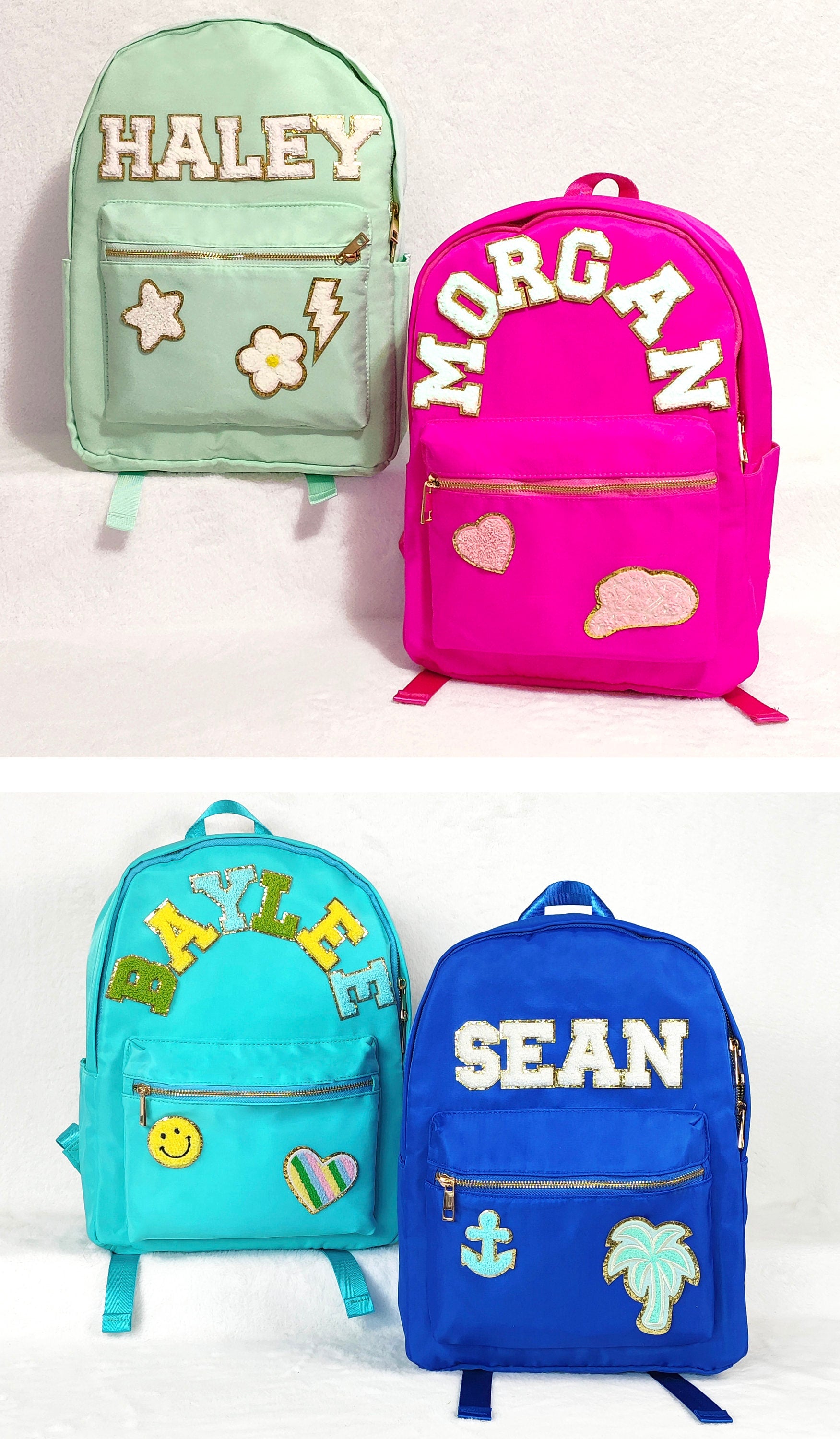 Sewn Patches Backpack Personalized Nylon Backpack with Patch Chenille Letter Custom School Bag Kids Back to School Lunch Box Bag Lunch Bag