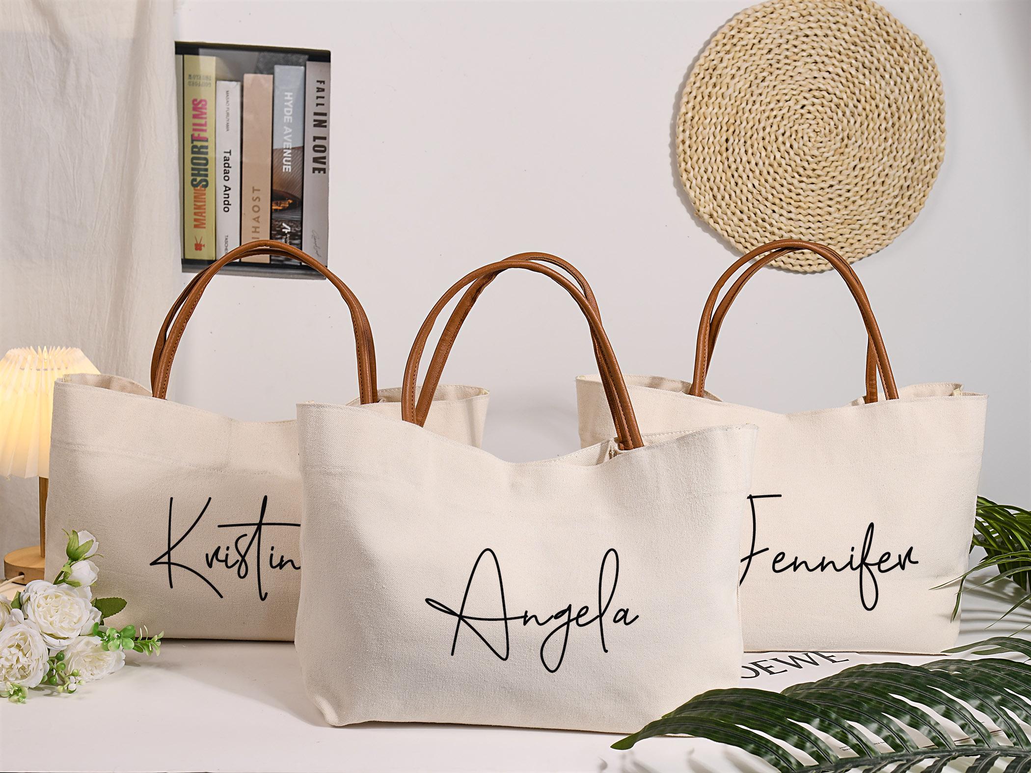 Custom Bridesmaid Canvas Tote Bag with Name, Beach Bag with Zipper/Magnetic Buckle, Bridal Party Gift, Birthday/Wedding Gift for Friends/Bridesmaid