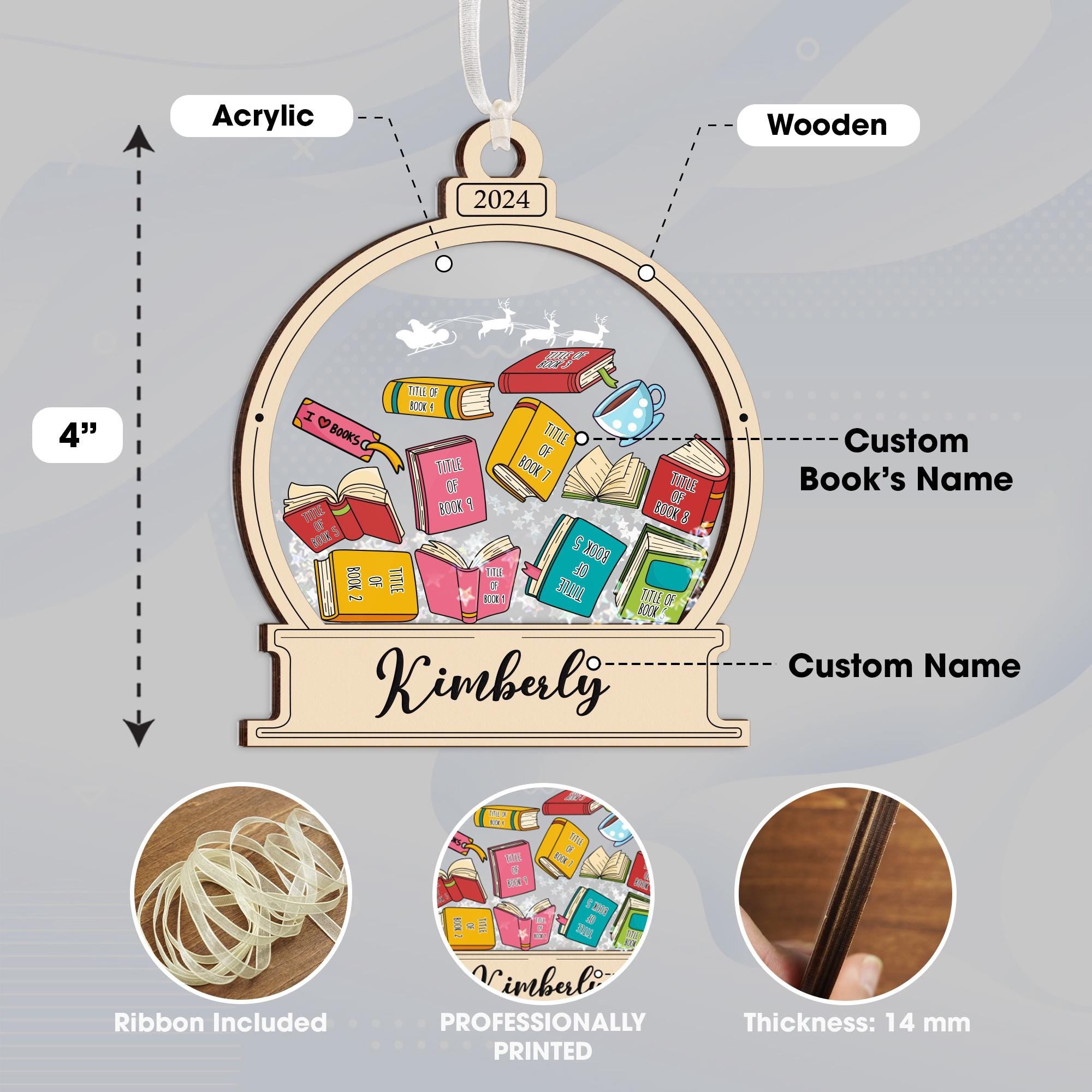 Book Shaker Ornament Personalized, Custom Book Titles, Book Lover Gift, Librarian Ornament, Bookworm Gift, Bookshelf Ornament, Reader Gift