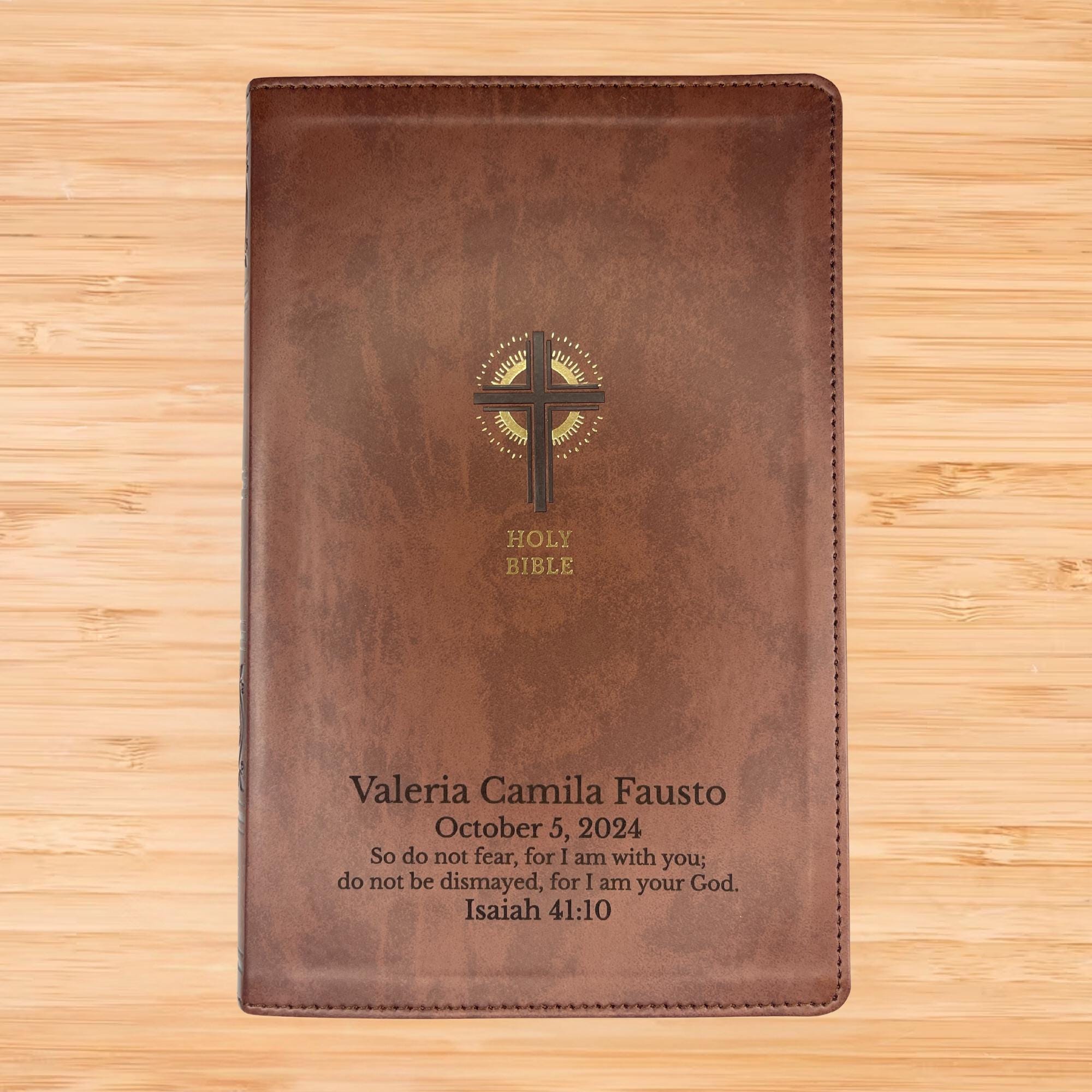 Personalized NRSV Bible New Revised Standard Version Catholic Edition, Catholic Bible, Brown Faux Leather Custom Bible Cover, Baptism Gift