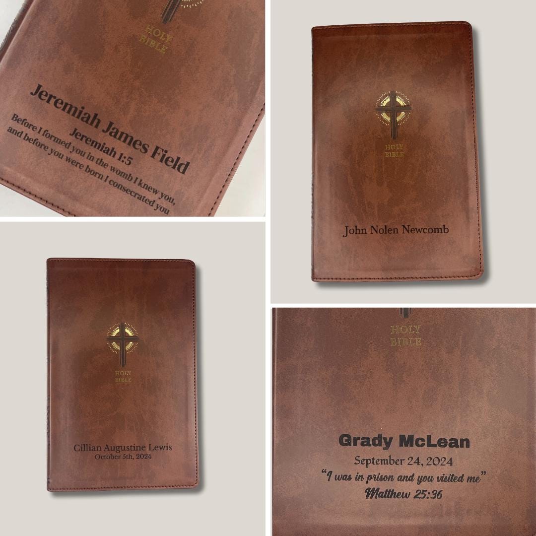 Personalized NRSV Bible New Revised Standard Version Catholic Edition, Catholic Bible, Brown Faux Leather Custom Bible Cover, Baptism Gift