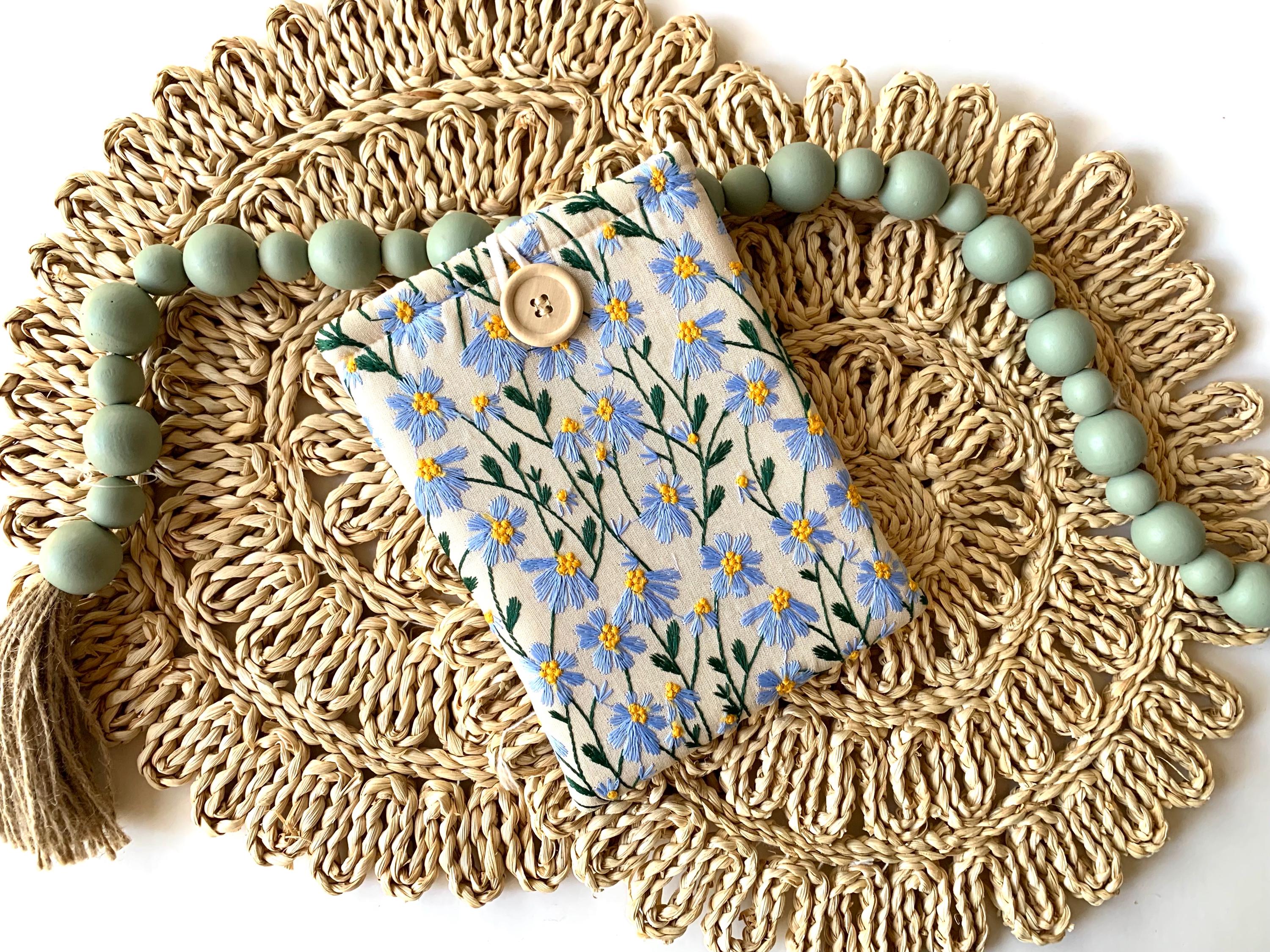 Blue Beige Daisy Embroidered book sleeve, kindle sleeve, ereader cover, iPad sleeve, Book Gift, book pouch, Bible cover
