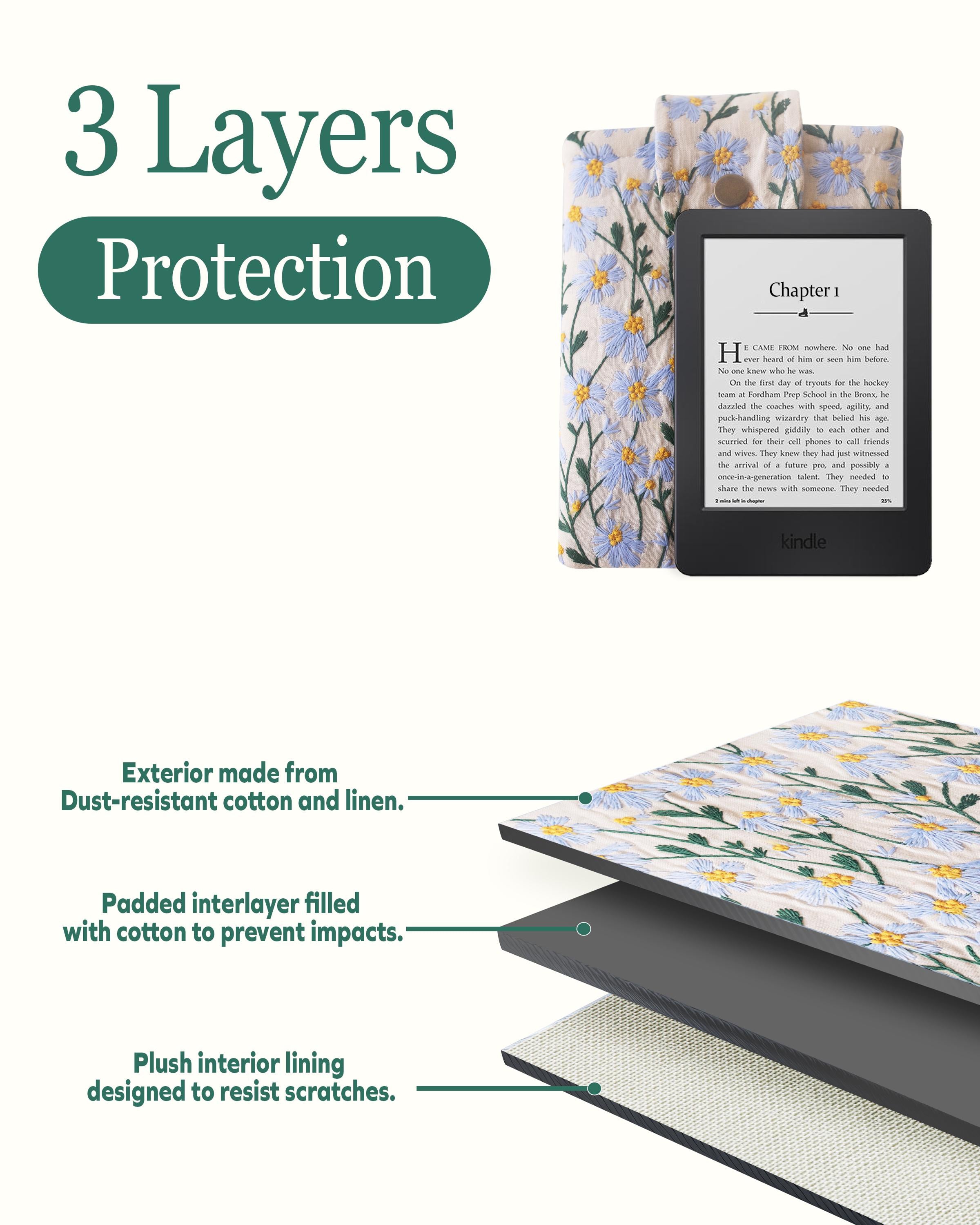 Blue Beige Daisy Embroidered book sleeve, kindle sleeve, ereader cover, iPad sleeve, Book Gift, book pouch, Bible cover