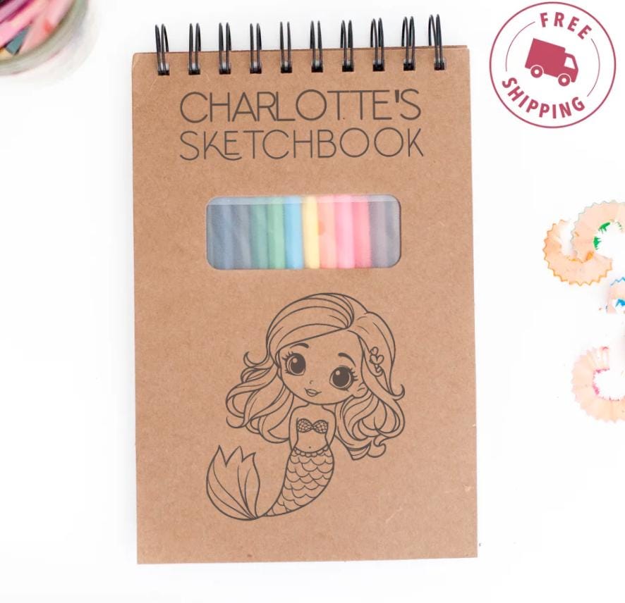 Custom Drawing Sketchbook with 12 Coloring Pencils, Personalized Gift for Young Artist, Birthday Gift for Boys and Girls, Teens, Sketch Pad