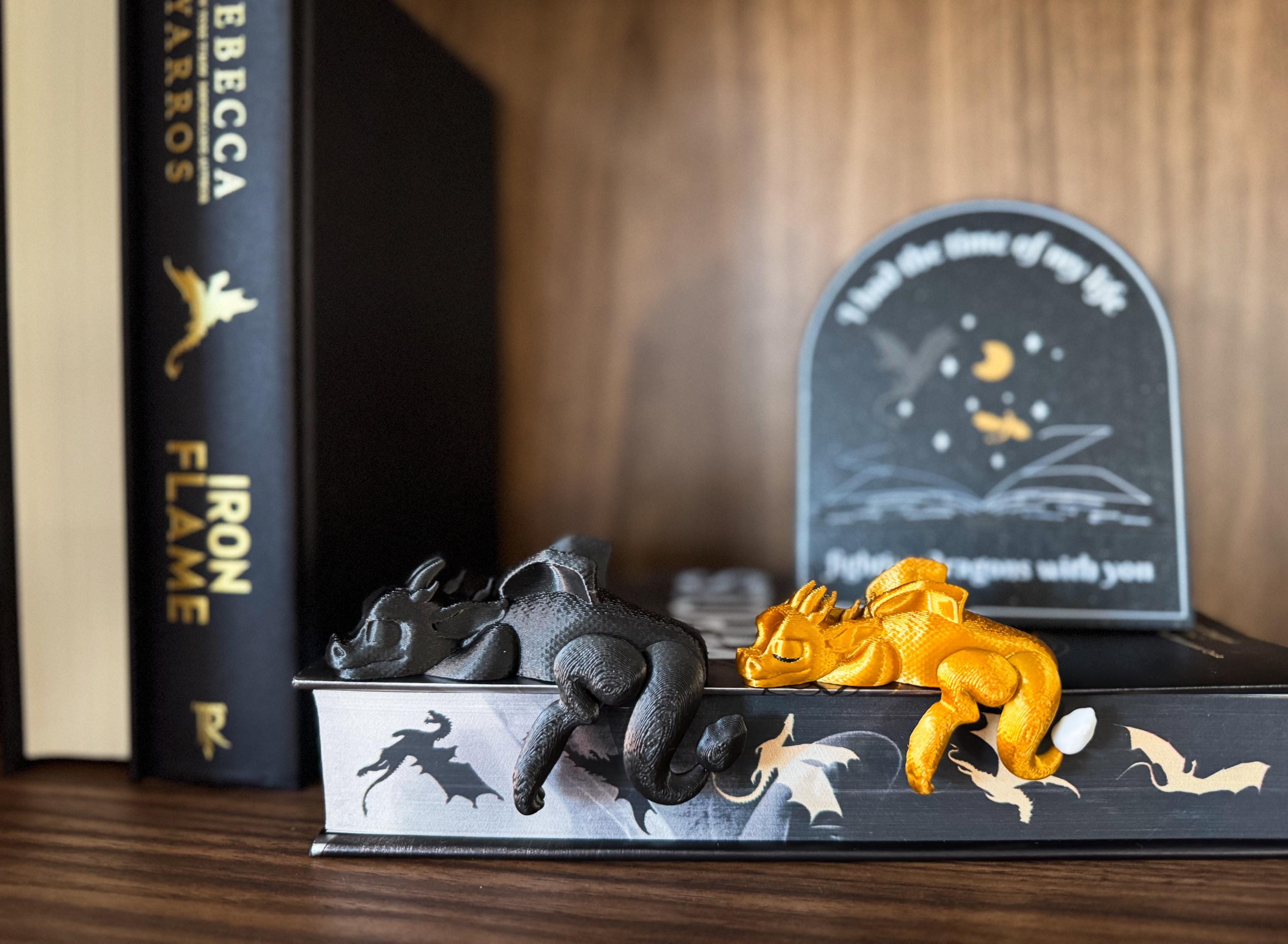 Sleeping Dragon Bookshelf Sitter | Dragon Bookshelf Decor | Multicolor Dragon Figurine | Fourth Wing Inspired | Black and Gold Dragons
